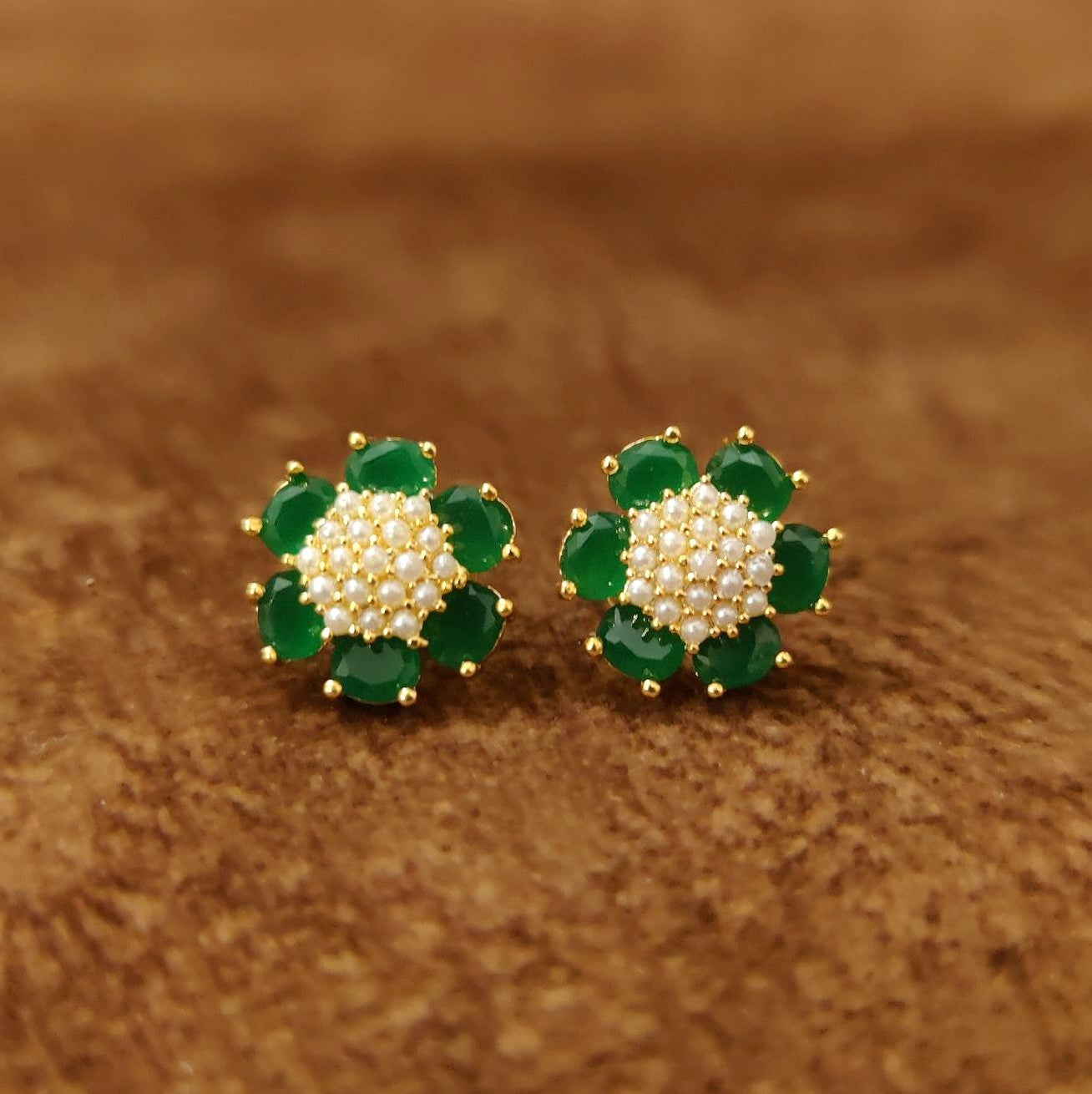 Emerald Green Floral Pearl Stud Earrings by Sanvi Jewels