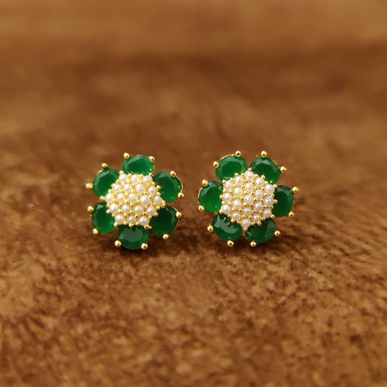 Emerald Green Floral Pearl Stud Earrings by Sanvi Jewels
