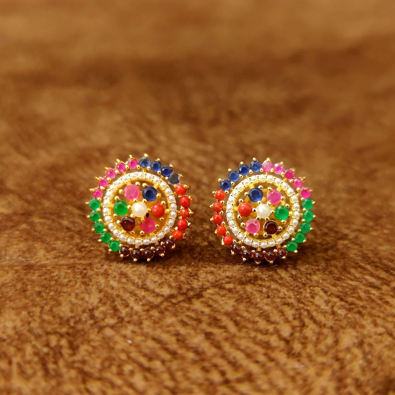 Navratna Multicolor Halo Stud Earrings for Women by Sanvi Jewels