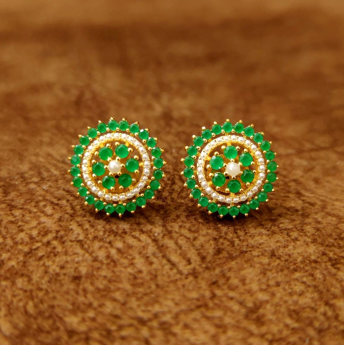 Emerald Green Halo Stud Earrings for Women by Sanvi Jewels