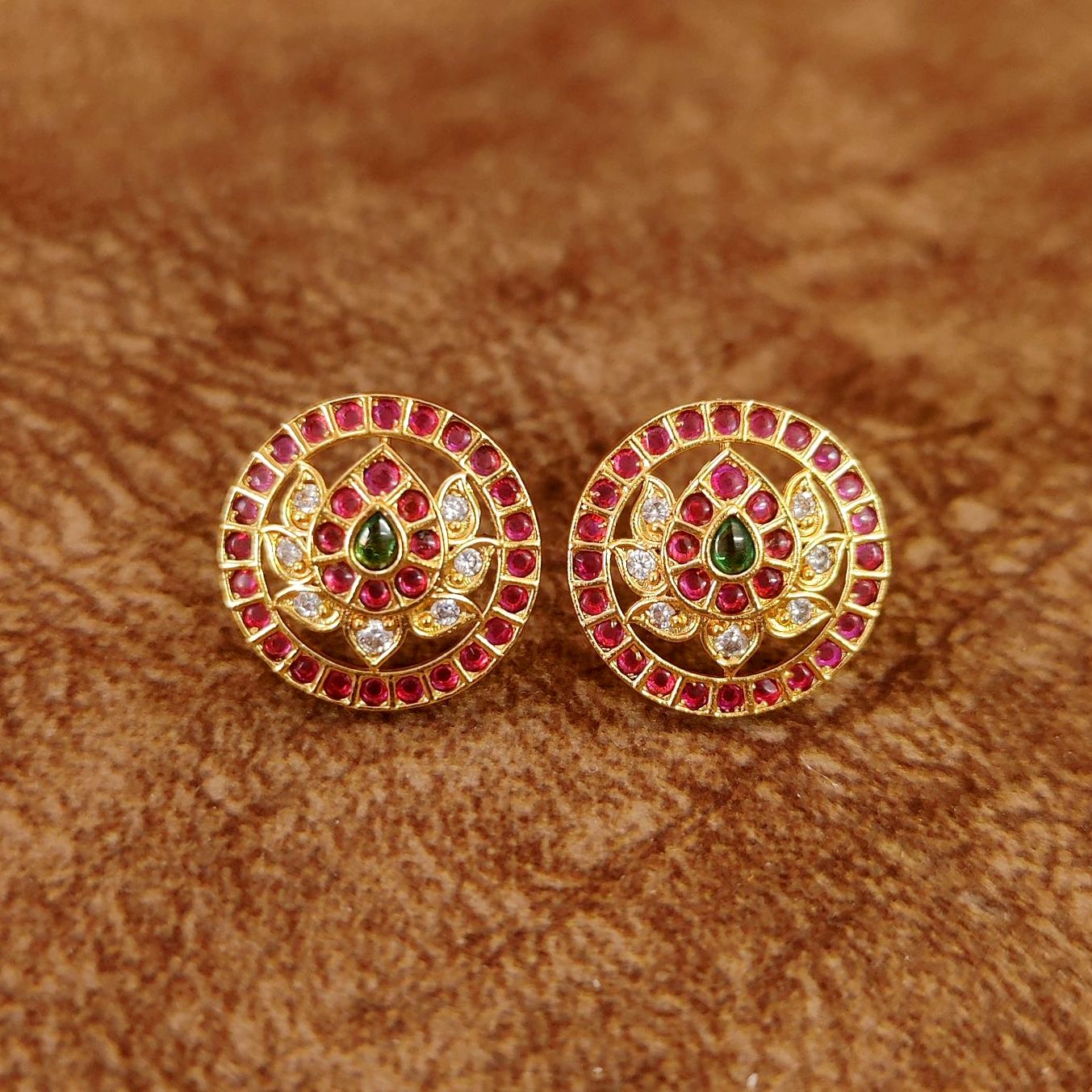 Ruby Green Lotus Halo Designer Stud Earrings by Sanvi Jewels