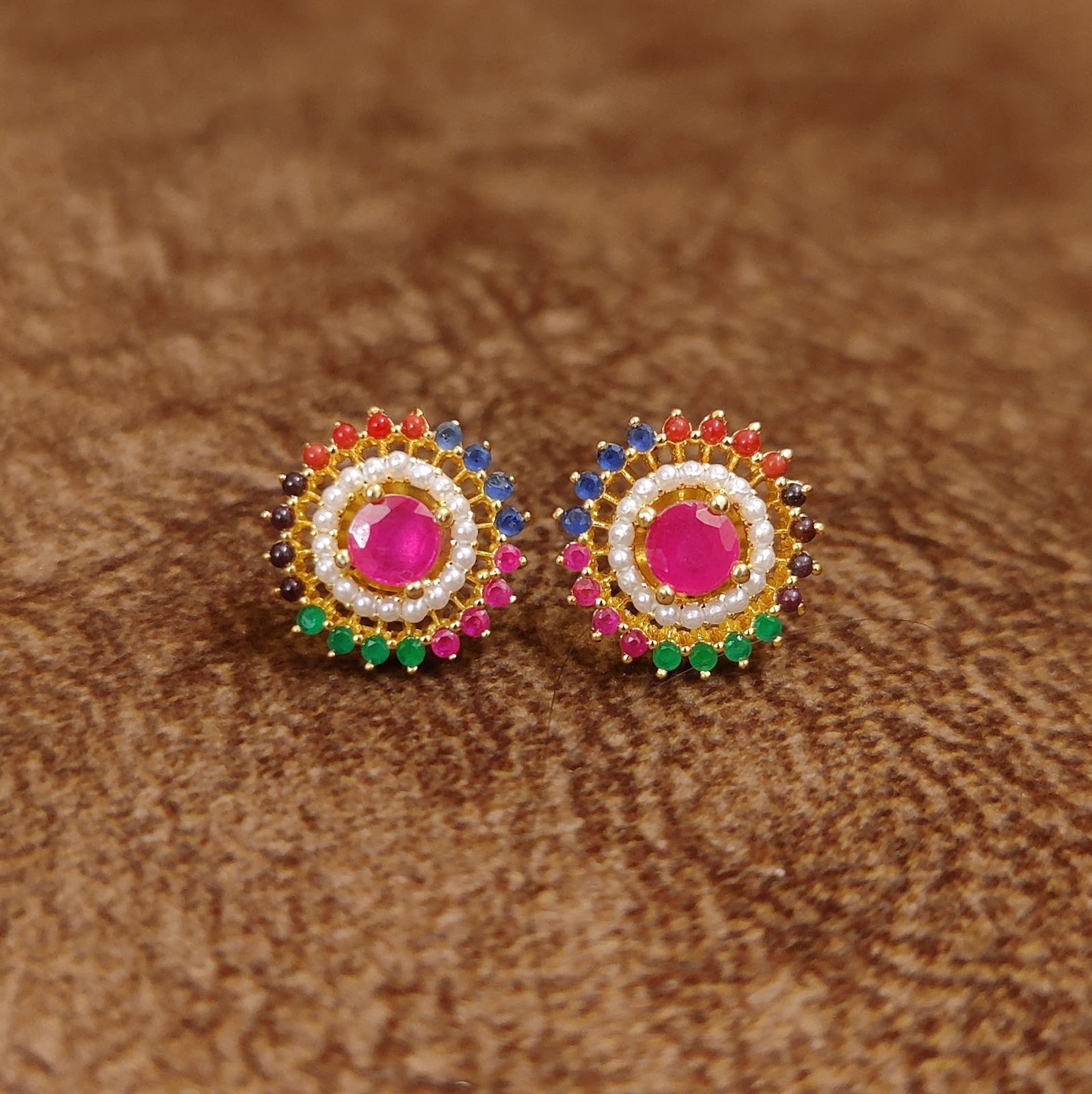 Navratna Multicolor Pearl Halo Stud Earrings by Sanvi Jewels Designer Imitation Jewellery