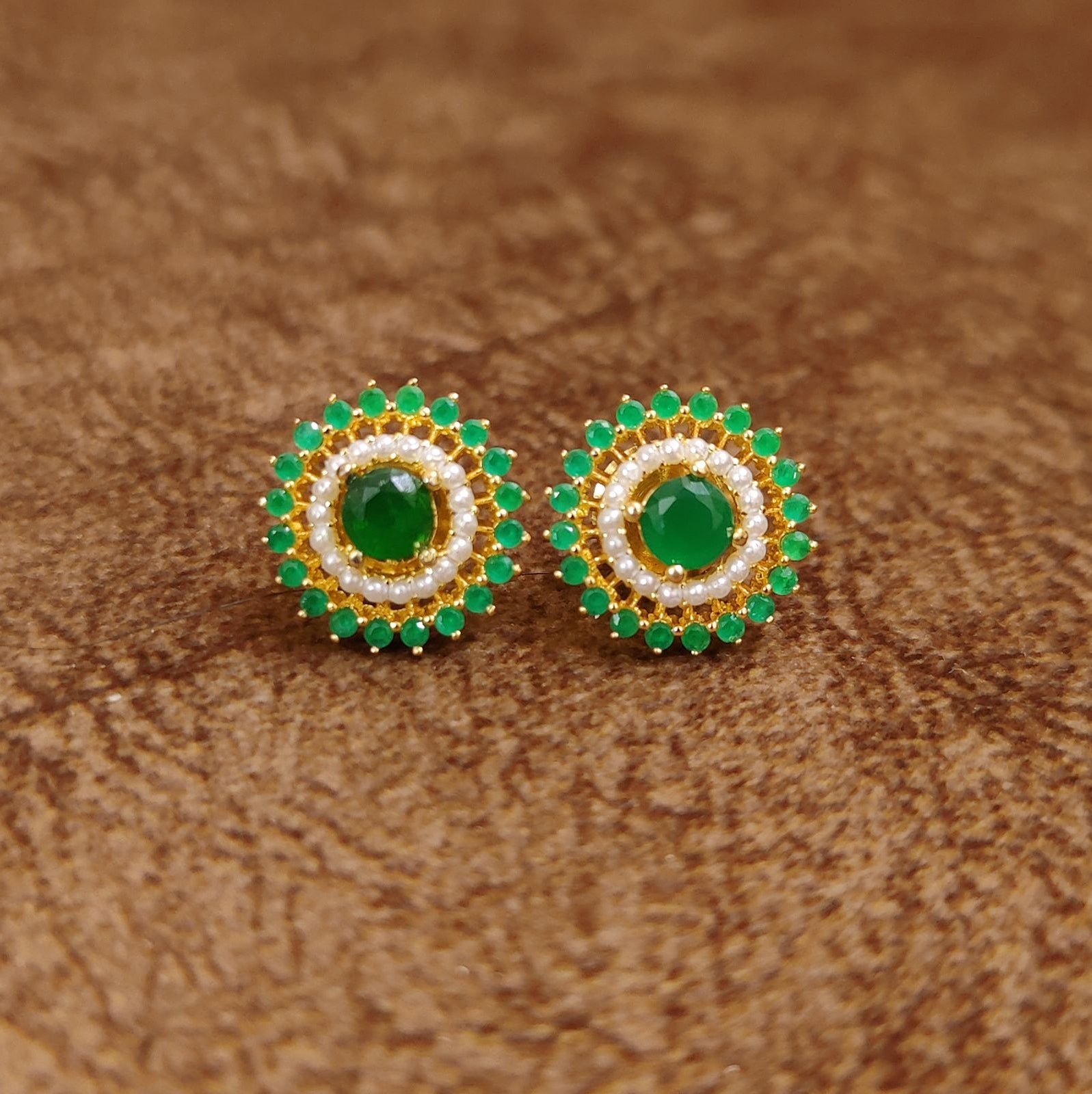 Emerald Green Pearl Halo Stud Earrings by Sanvi Jewels Designer Imitation Jewellery