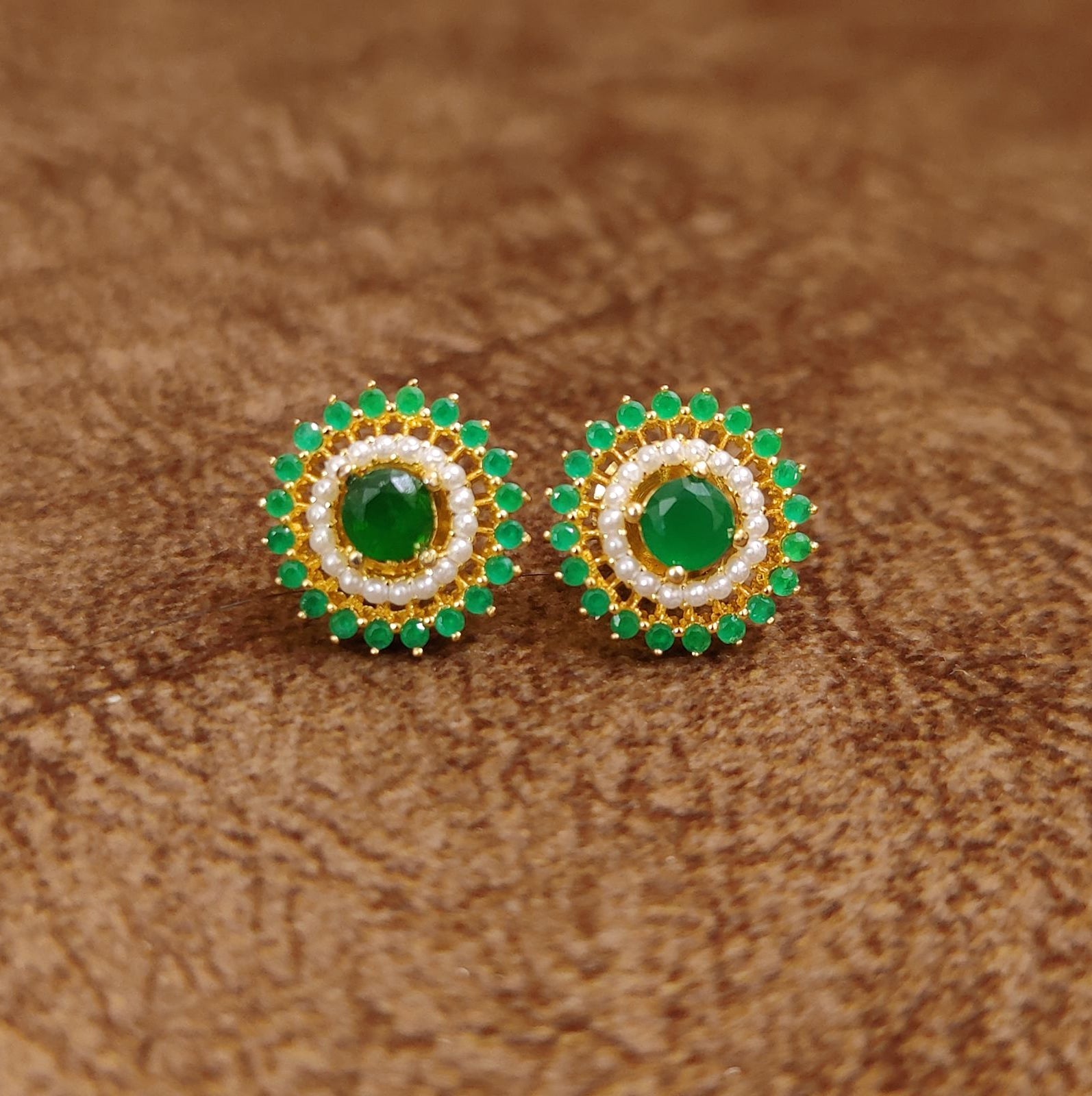 Emerald Green Pearl Halo Stud Earrings by Sanvi Jewels Designer Imitation Jewellery