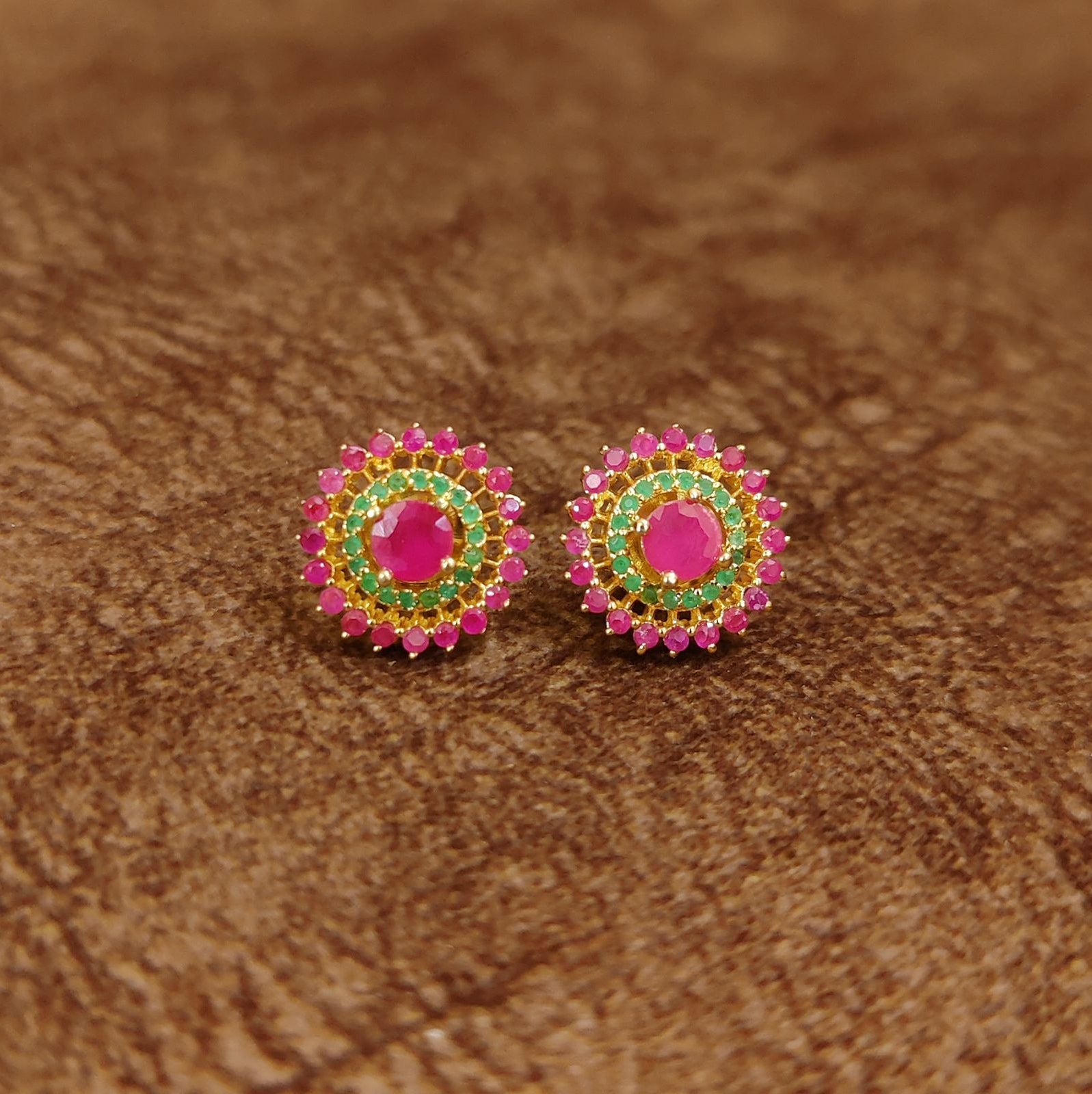 Ruby Pink Halo Stud Earrings with Green Crystal Designer Imitation Jewellery by Sanvi Jewels