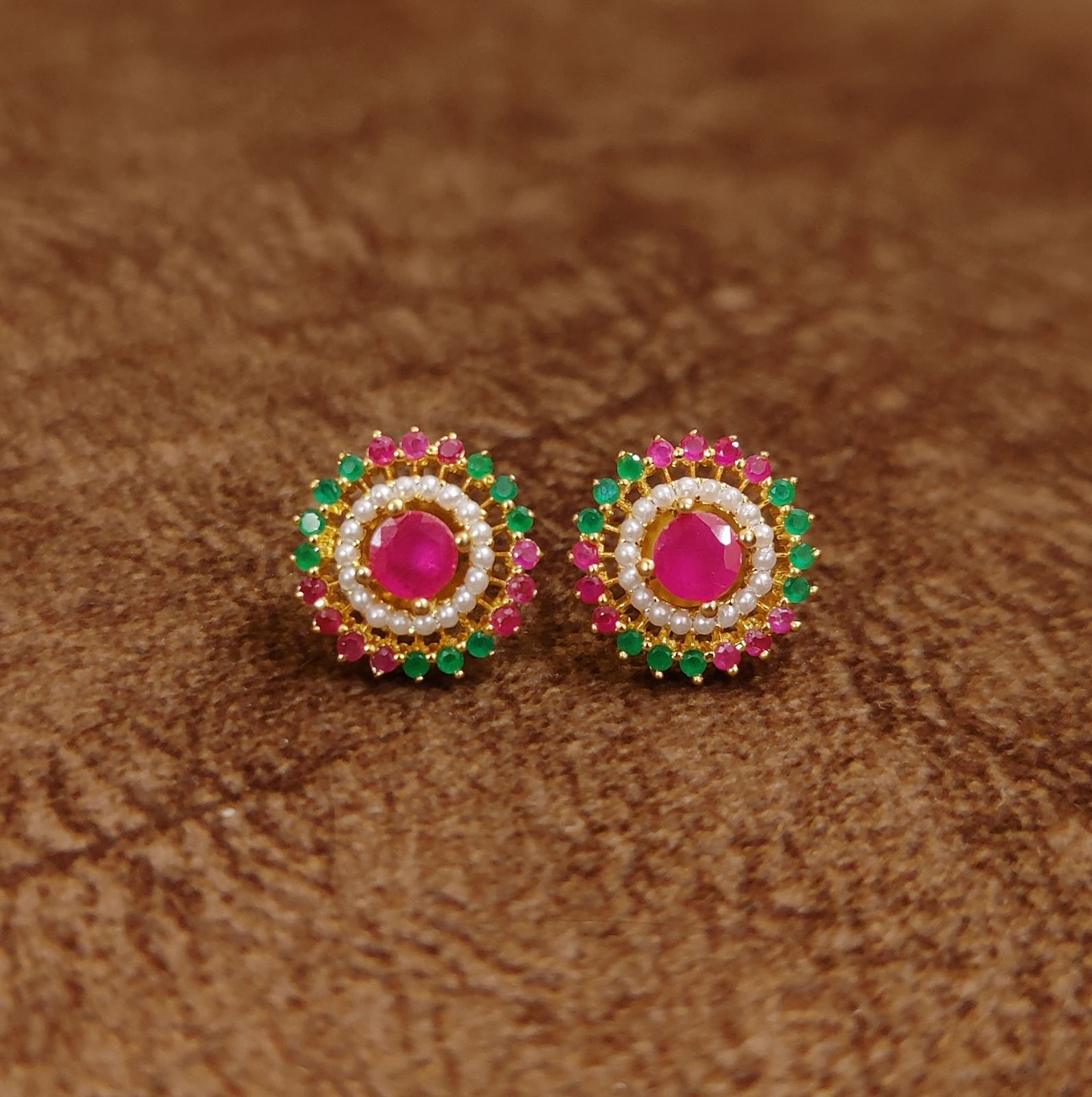 Ruby Pink Halo Stud Earrings with Pearl and Green Crystals – Designer Imitation Jewellery by Sanvi Jewels