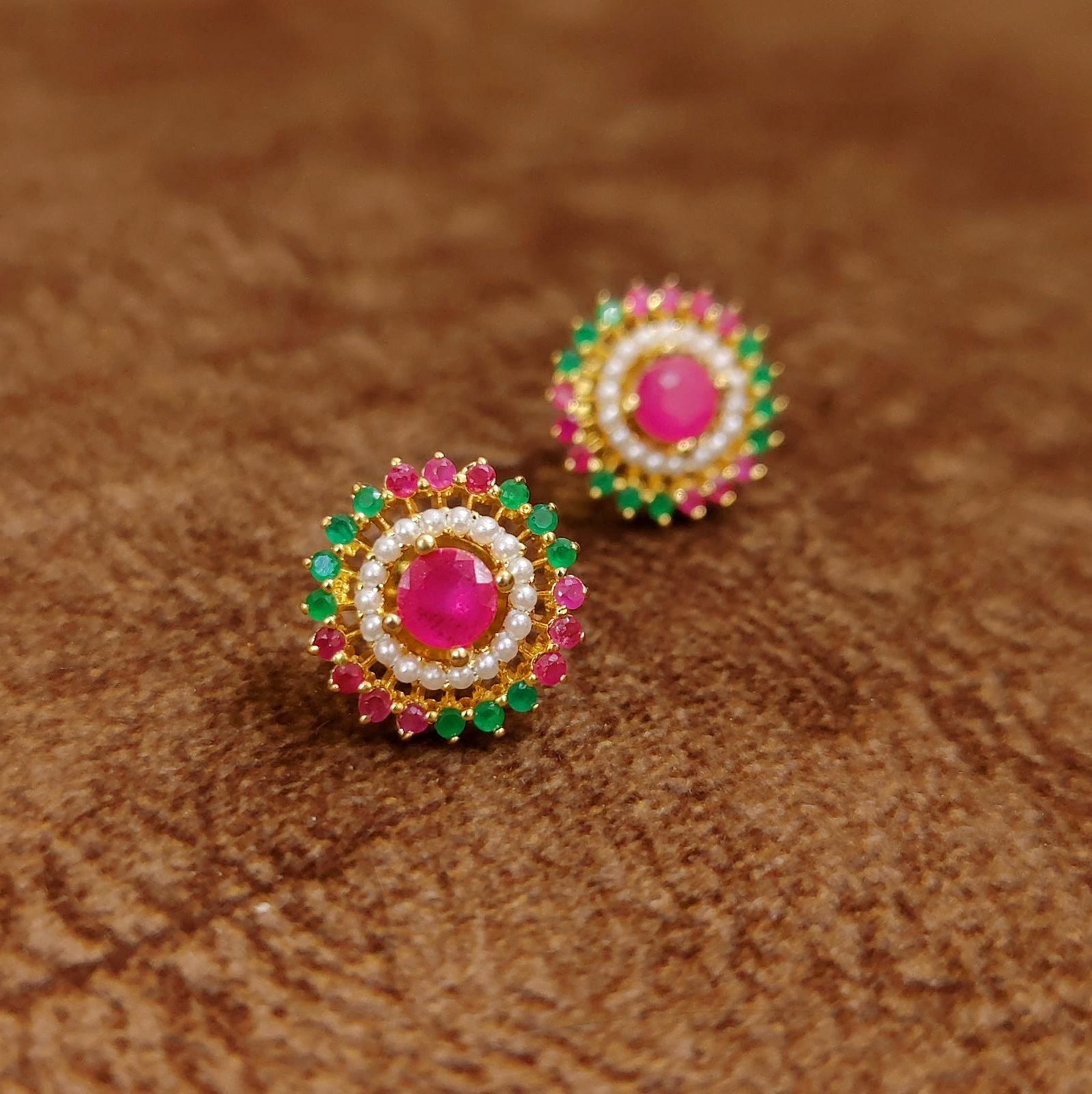 Ruby Pink Halo Stud Earrings with Pearl and Green Crystals – Designer Imitation Jewellery by Sanvi Jewels