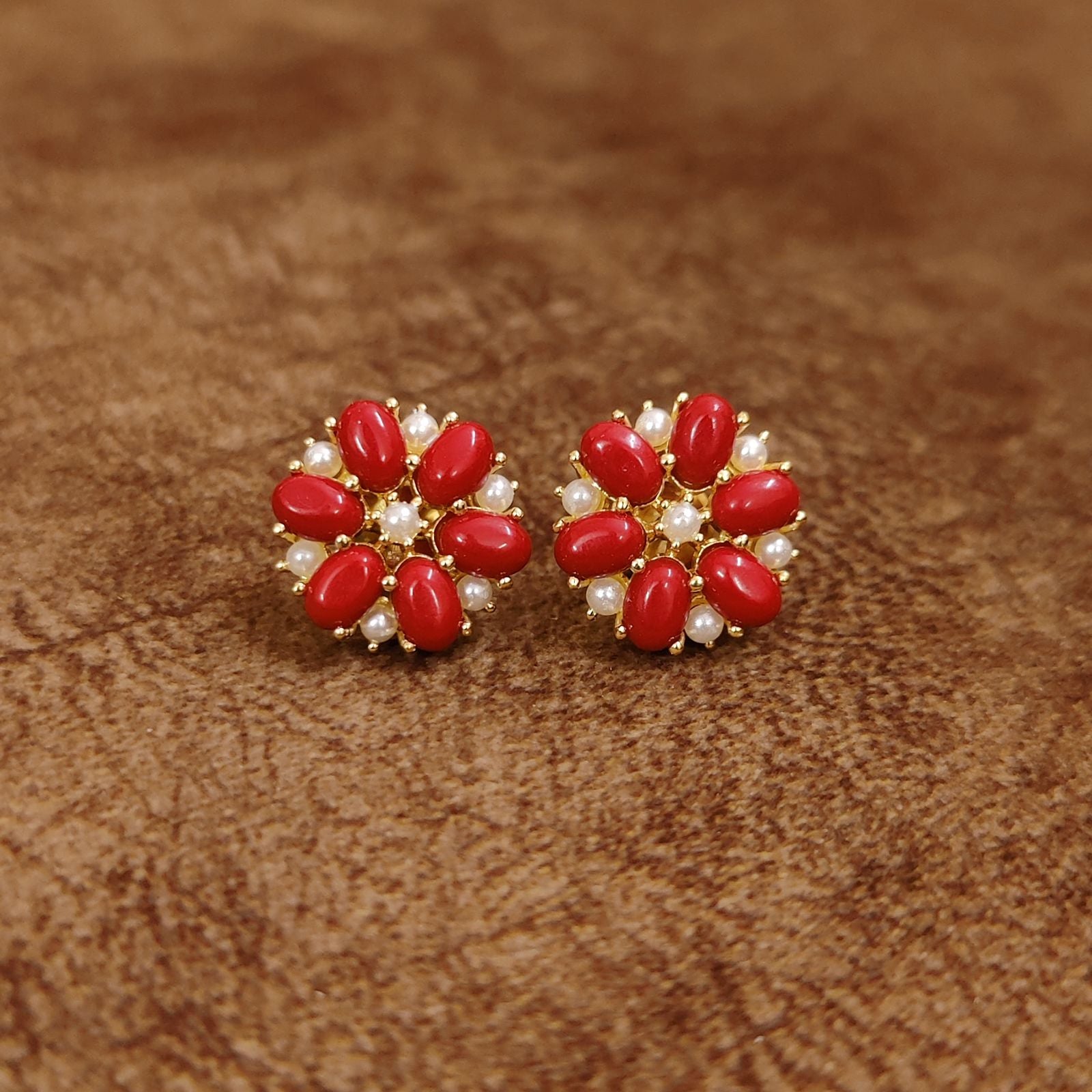 Ruby Red Floral Stud Earrings with Pearl Accents Designer Imitation Jewellery by Sanvi Jewels