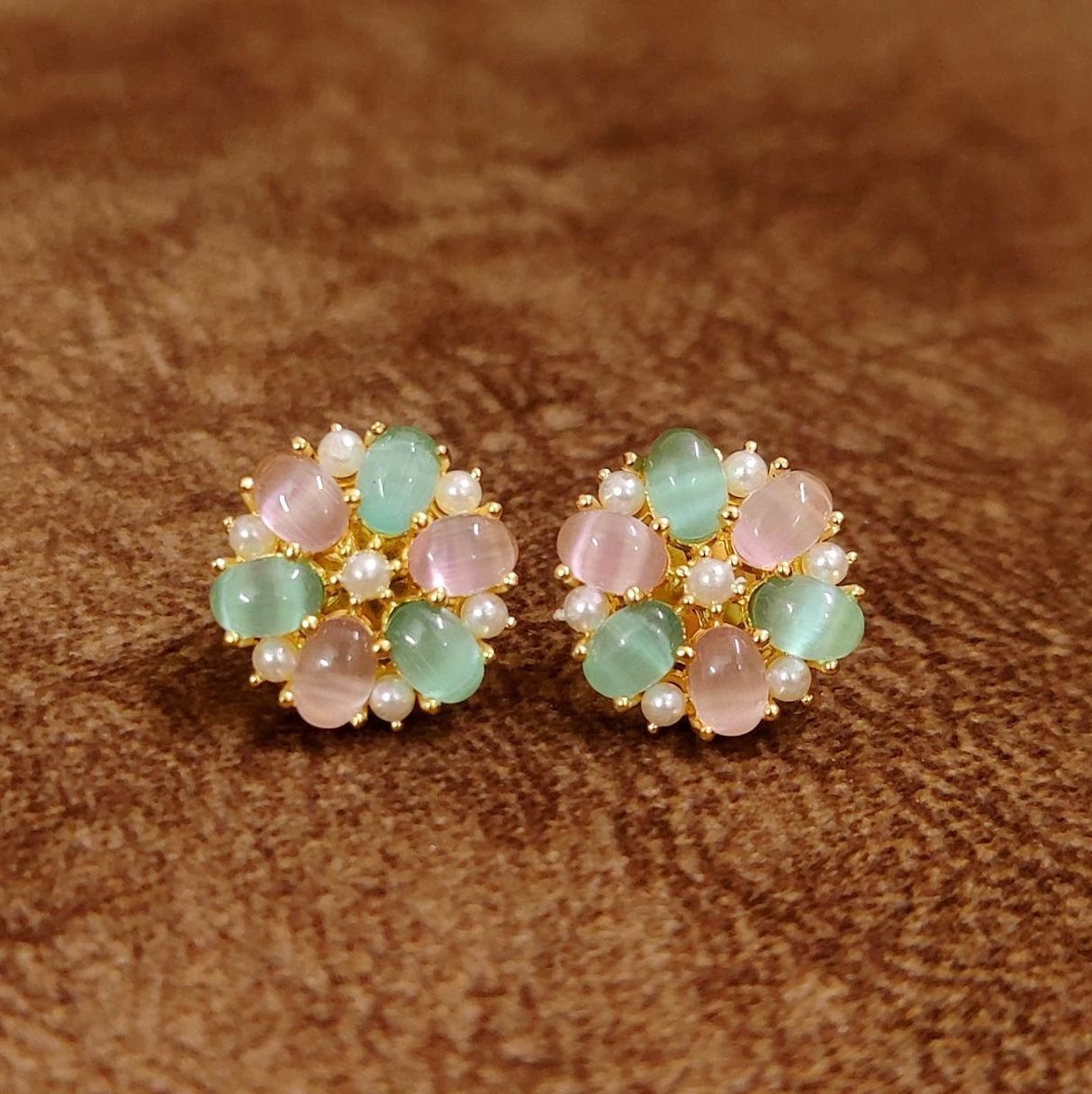 Pastel Pink and Mint Green Floral Stud Earrings with Pearl Accents Designer Imitation Jewellery by Sanvi Jewels