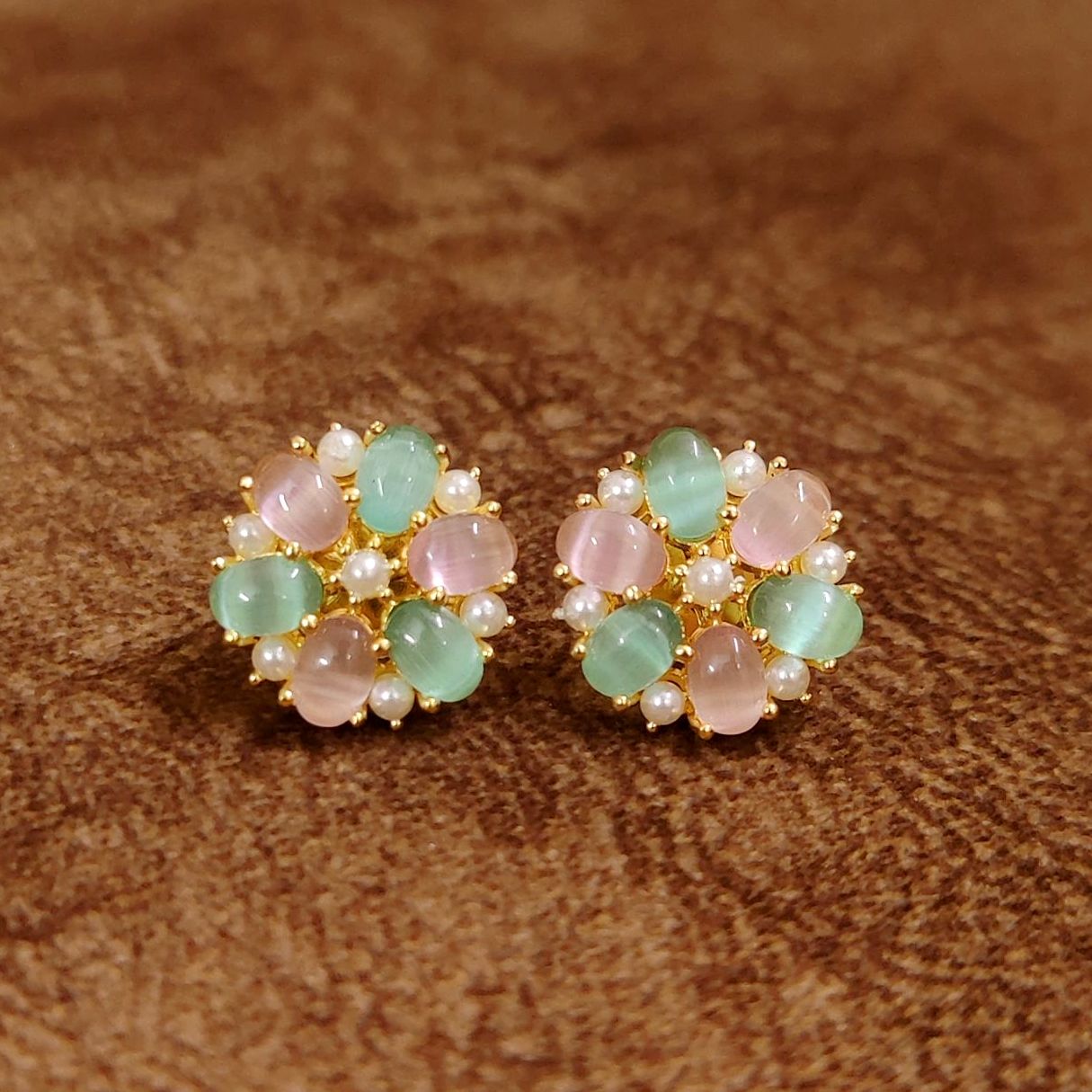 Pastel Pink and Mint Green Floral Stud Earrings with Pearl Accents Designer Imitation Jewellery by Sanvi Jewels