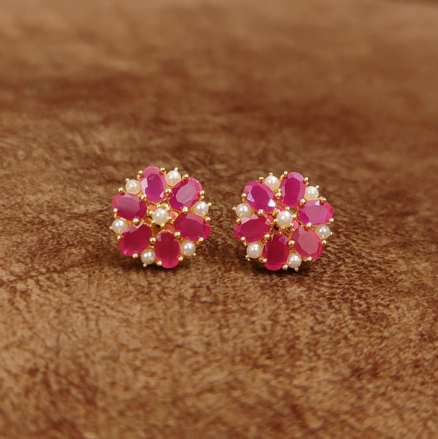 Ruby Pink Floral Stud Earrings with Pearl Accents Designer Imitation Jewellery by Sanvi Jewels