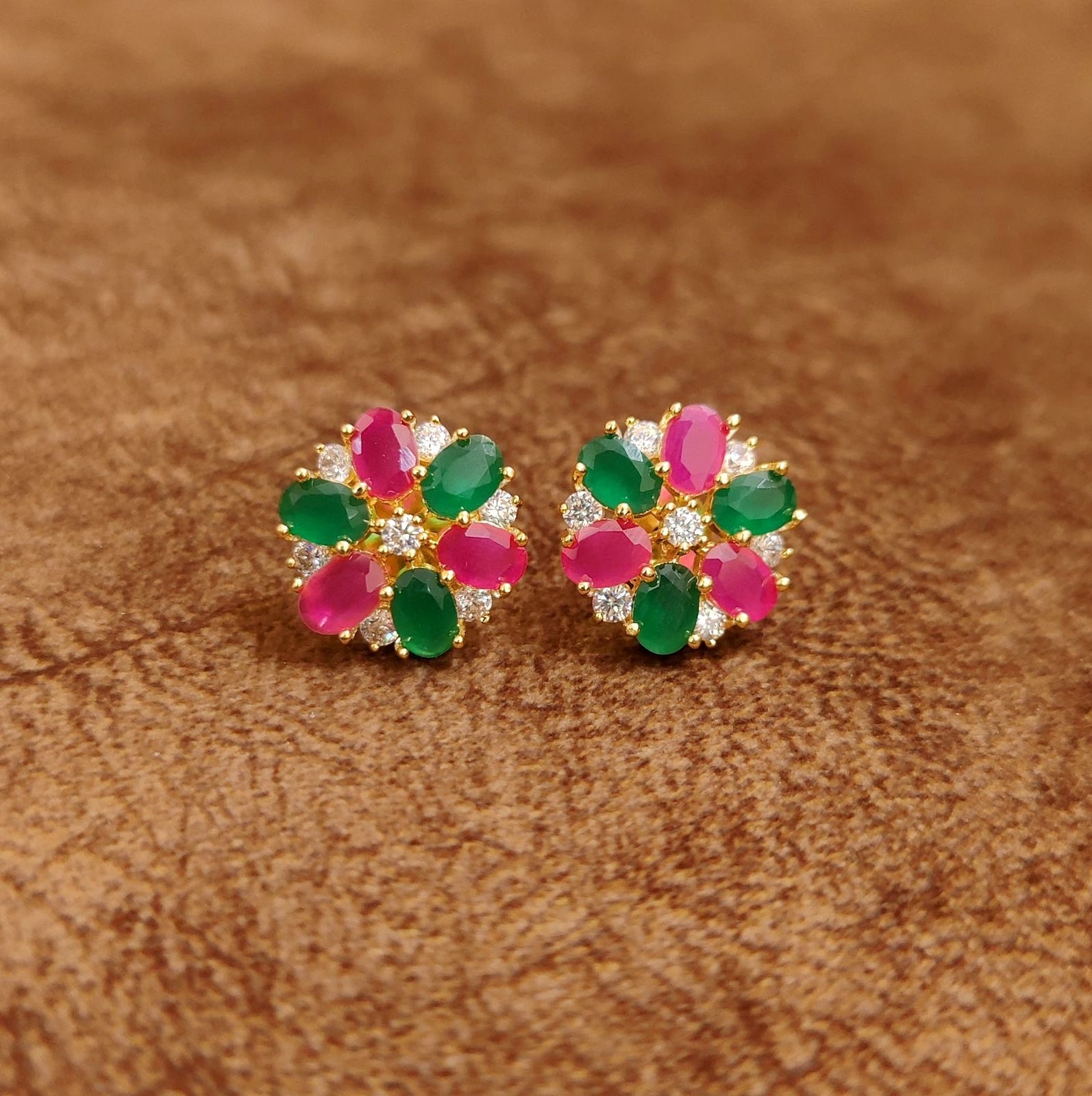 Ruby Pink and Emerald Green Floral Stud Earrings with Crystal Accents Designer Imitation Jewellery by Sanvi Jewels
