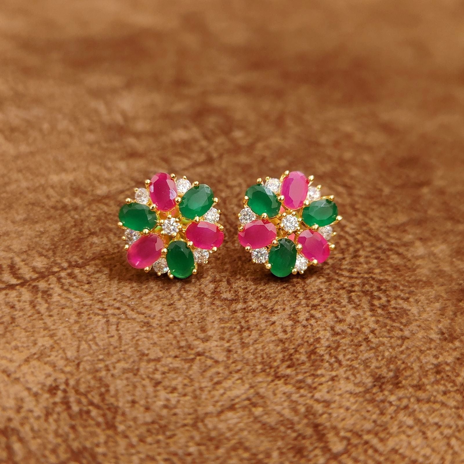 Ruby Pink and Emerald Green Floral Stud Earrings with Crystal Accents Designer Imitation Jewellery by Sanvi Jewels
