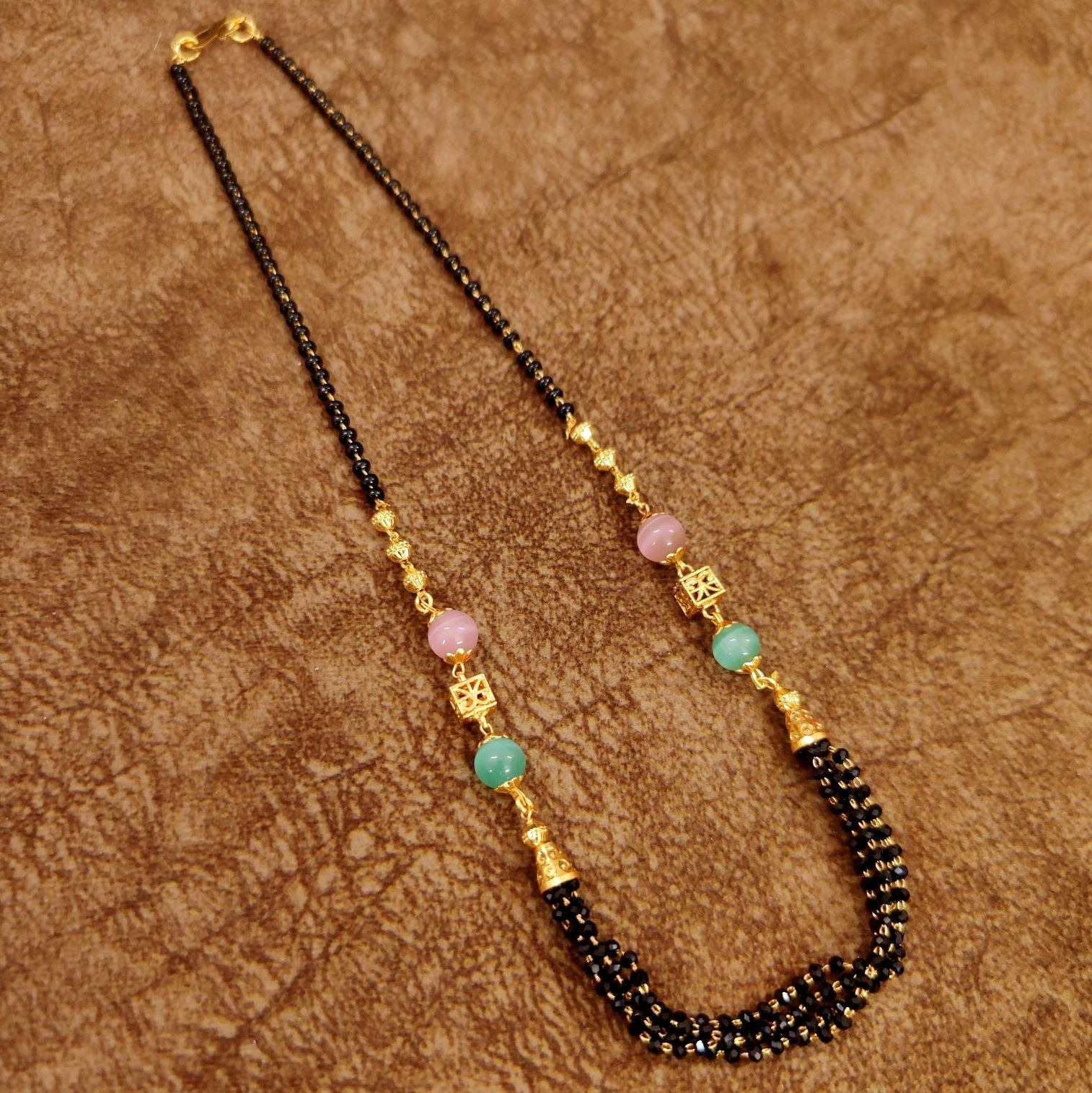 Modern Minimalist Black Bead Mangalsutra Necklace with Pastel Stones by Sanvi Jewels