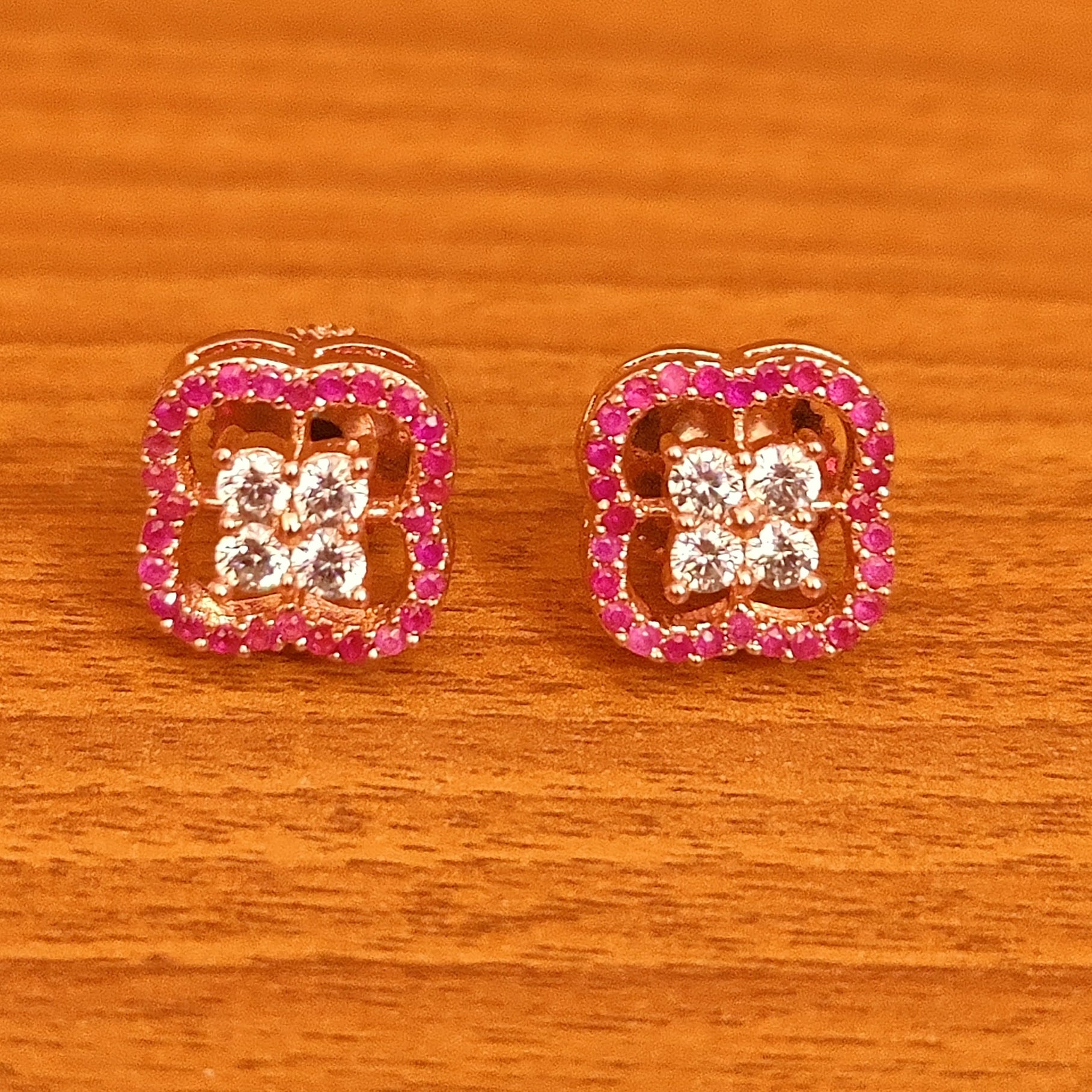 BLUE SAPPHIRE & CZ DIAMOND LOOK ROSE GOLD STUDS
