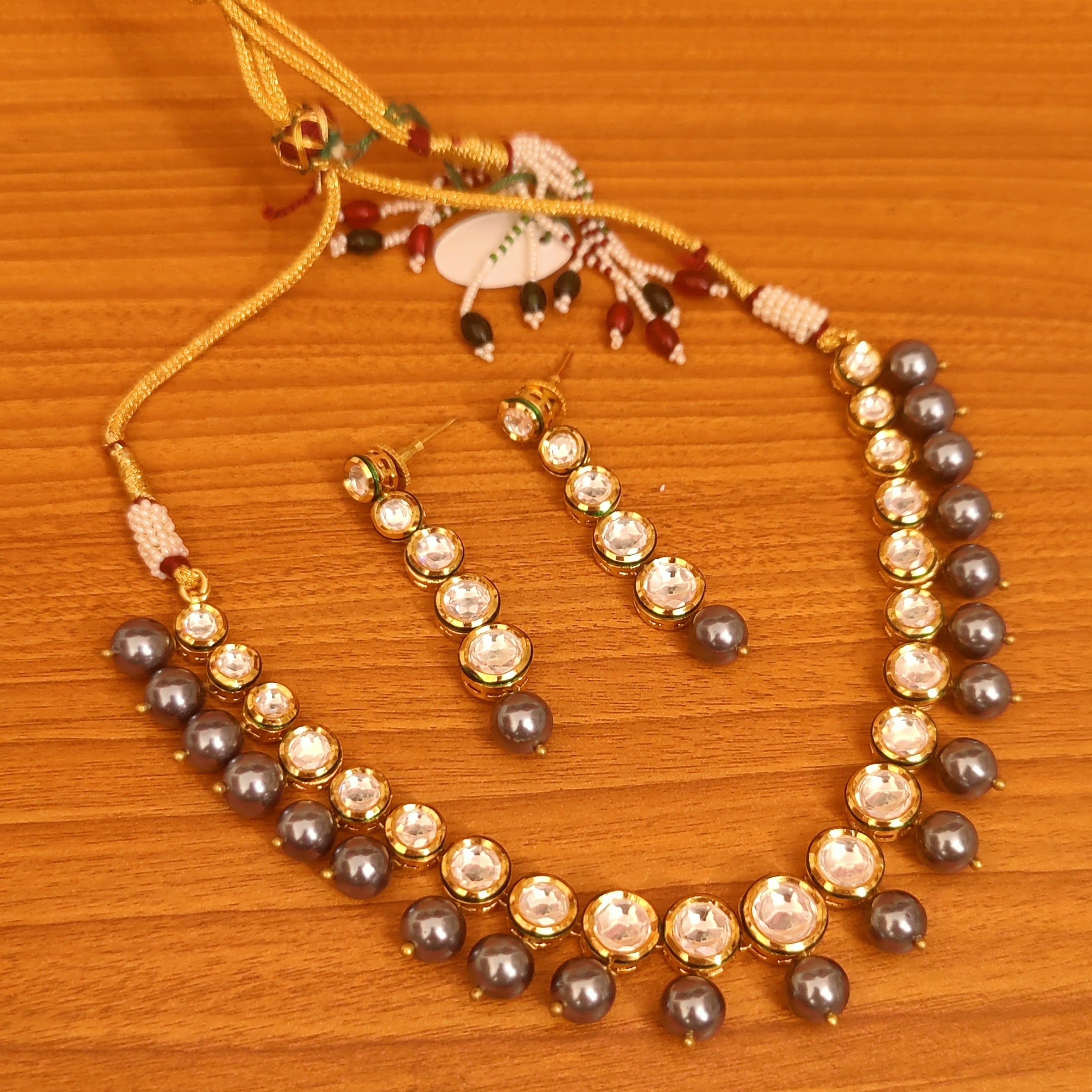 KUNDAN POLKI GREY SHELL PEARL SINGLE LINE NECKLACE SET
