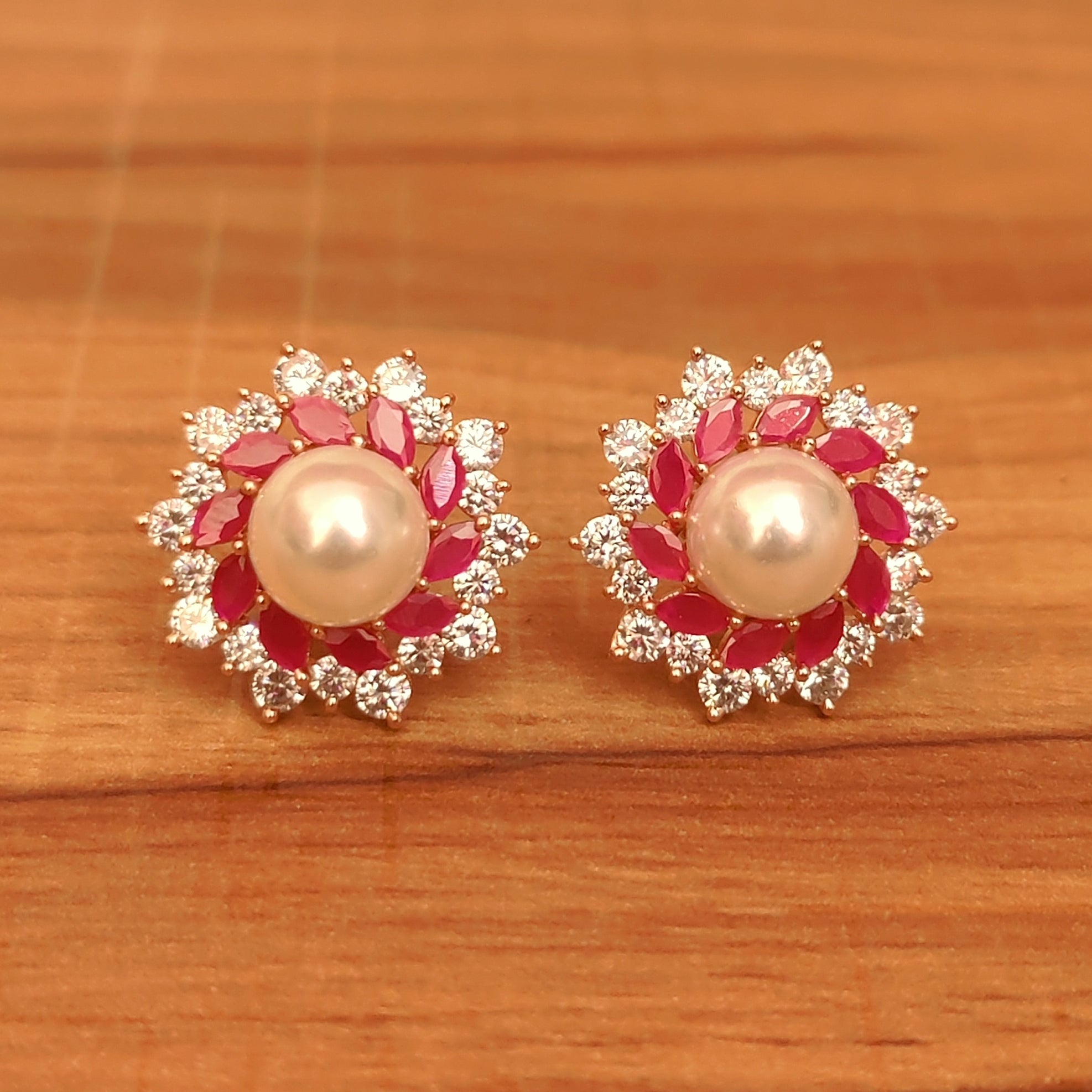 RUBY & PEARL CZ STUDDED ROSE GOLD STUDS