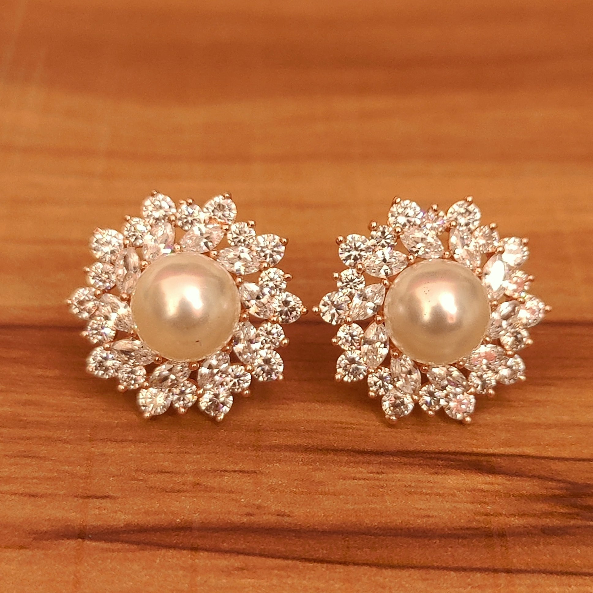 RUBY & PEARL CZ STUDDED ROSE GOLD STUDS
