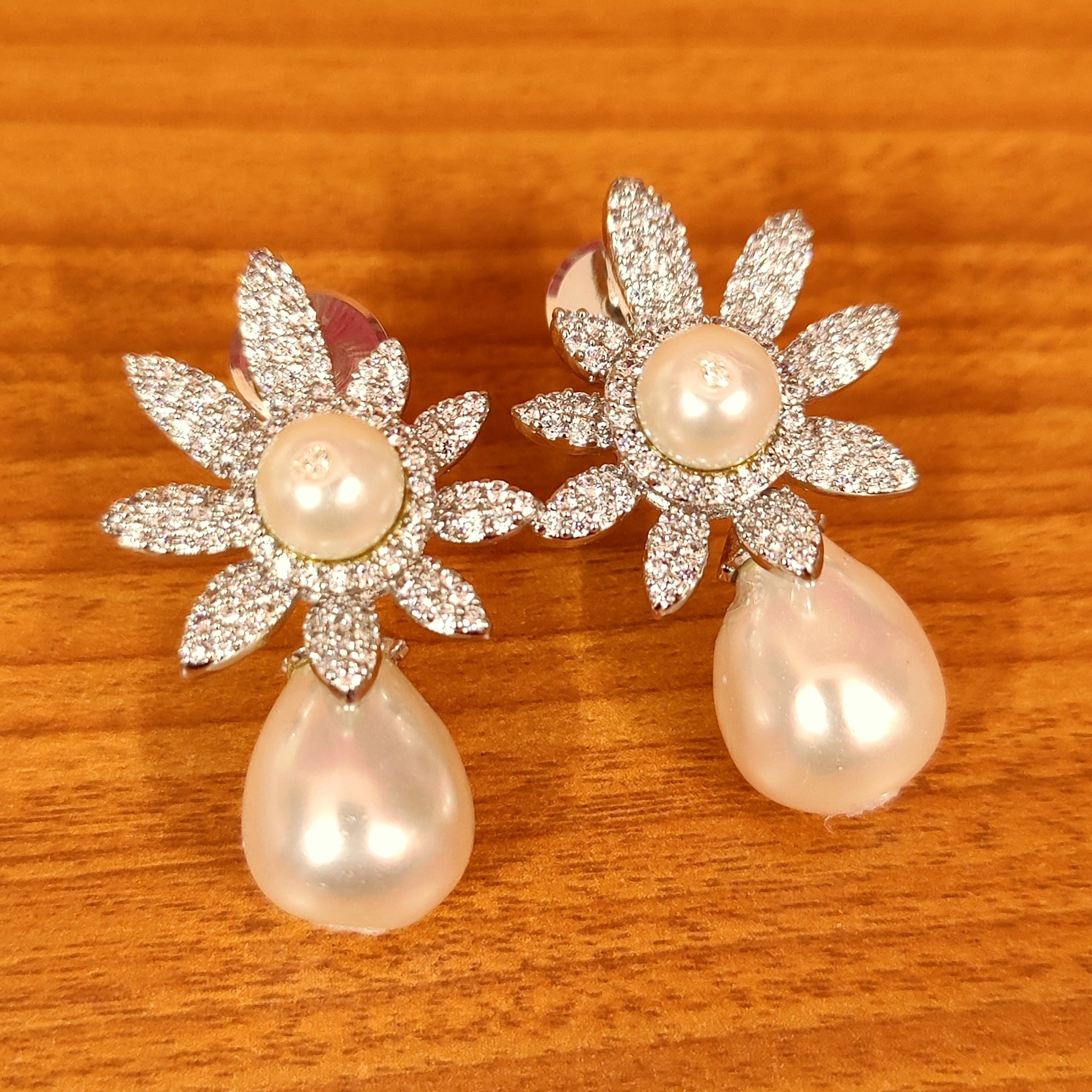 ROSE GOLD RHODIUM CZ STUDDED PEARL EARRINGS