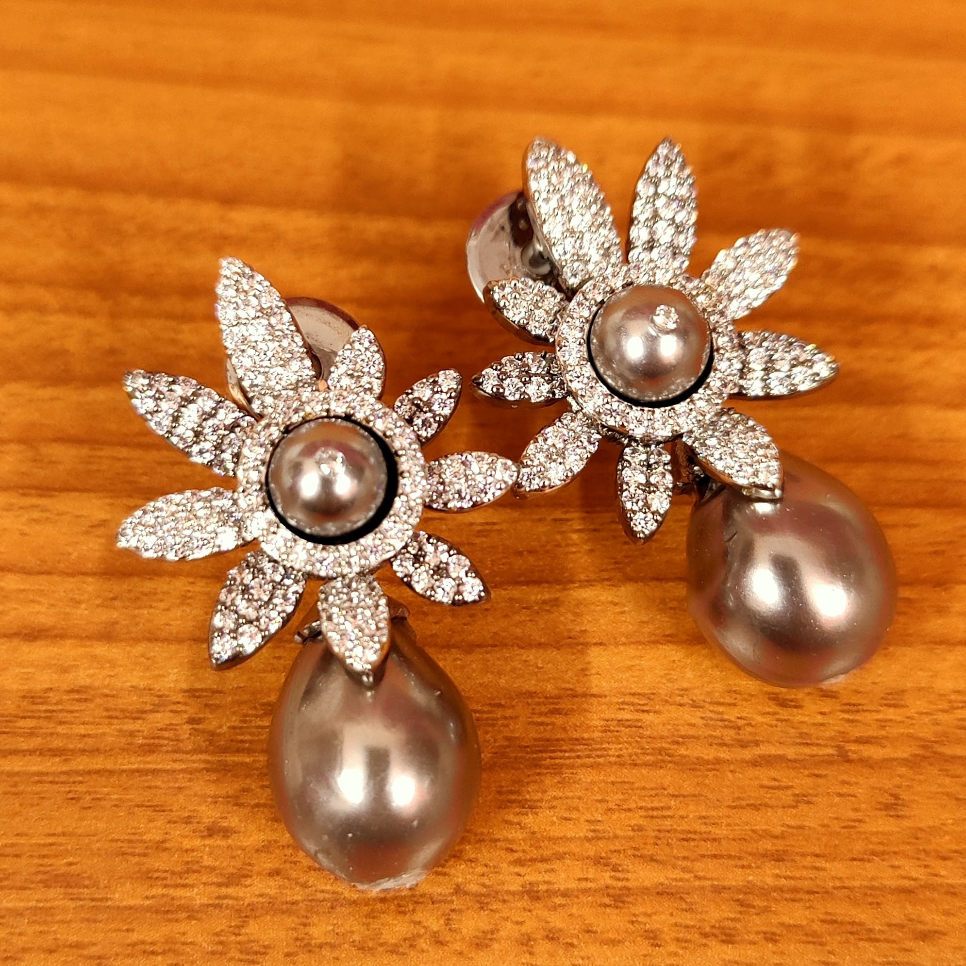 ROSE GOLD RHODIUM CZ STUDDED PEARL EARRINGS