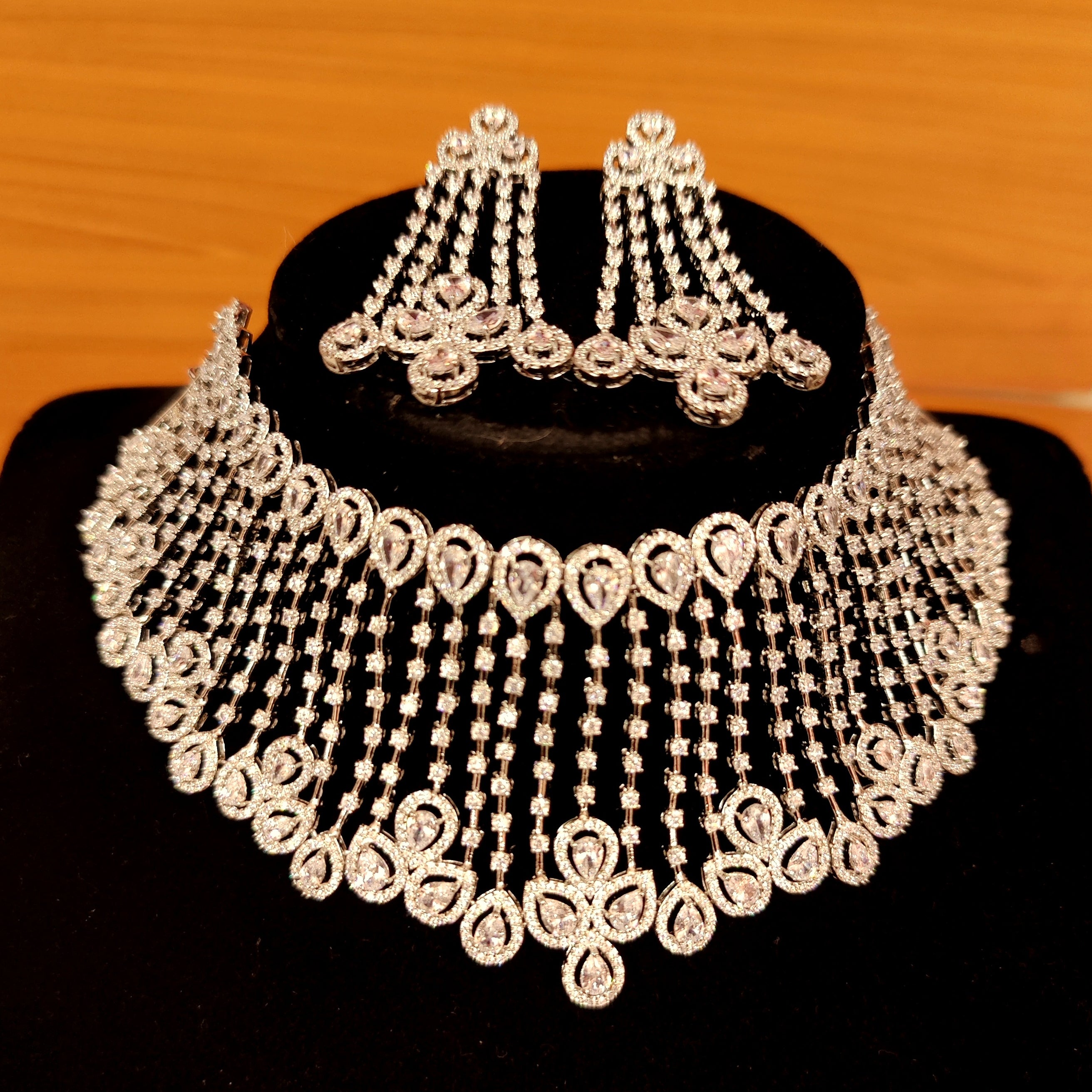 ROSE GOLD REAL DIAMOND LOOKALIKE CZ STUDDED WEDDING CHOKER NECKLACE SET