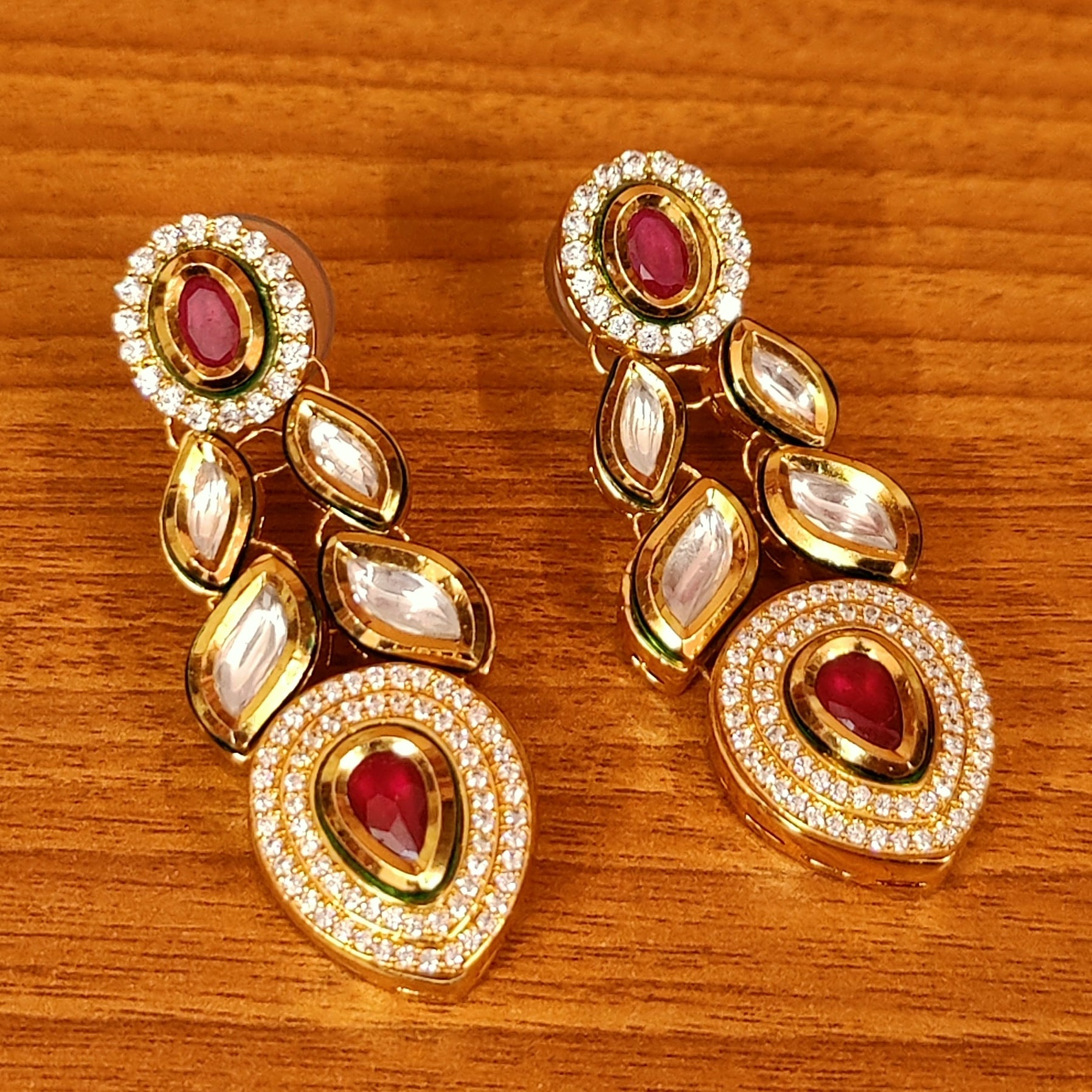 RUBY CZ STUDDED KUNDAN MEENAKARI EARRINGS
