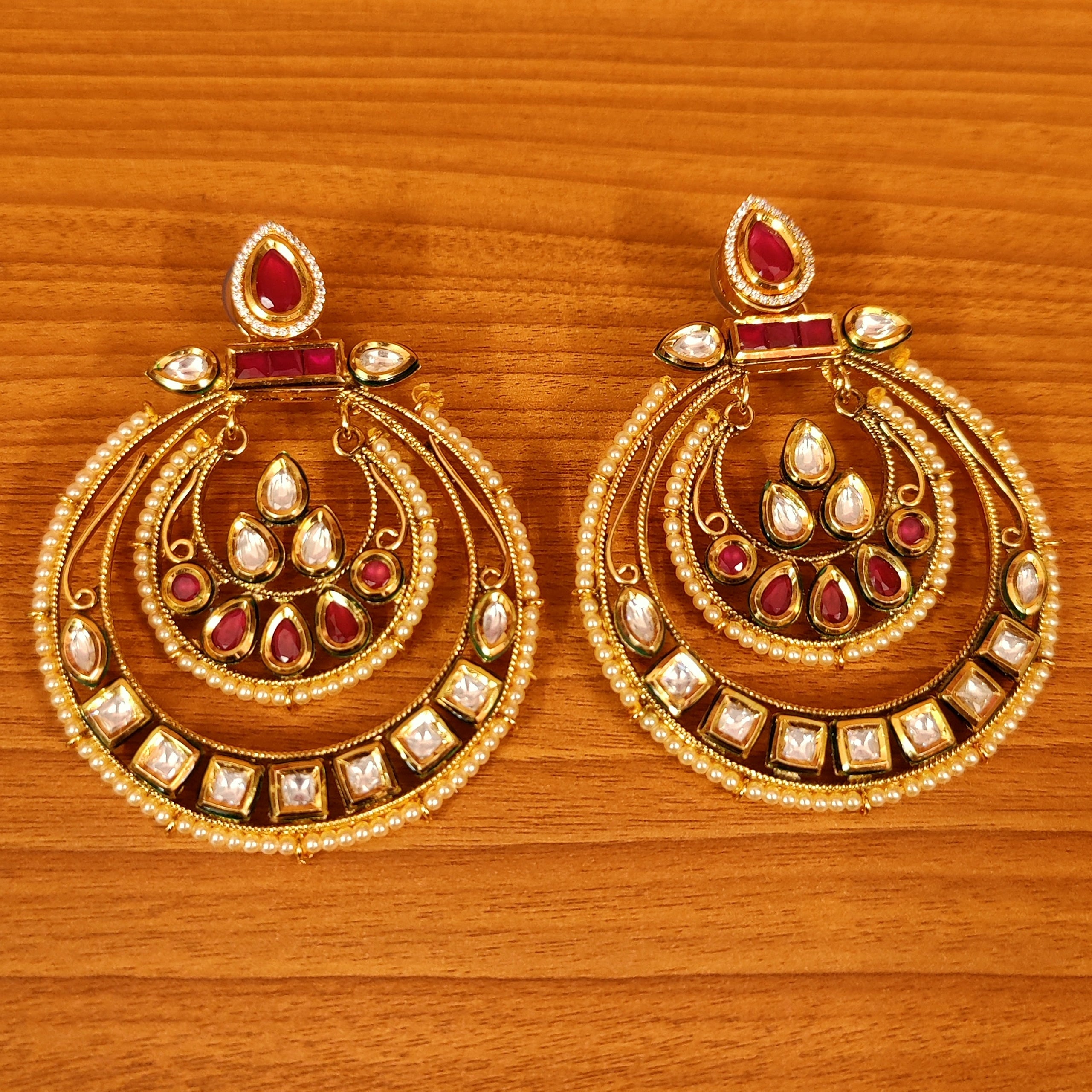 RUBY KUNDAN POLKI & CZ STUDDED PEARL CHANDBALI
