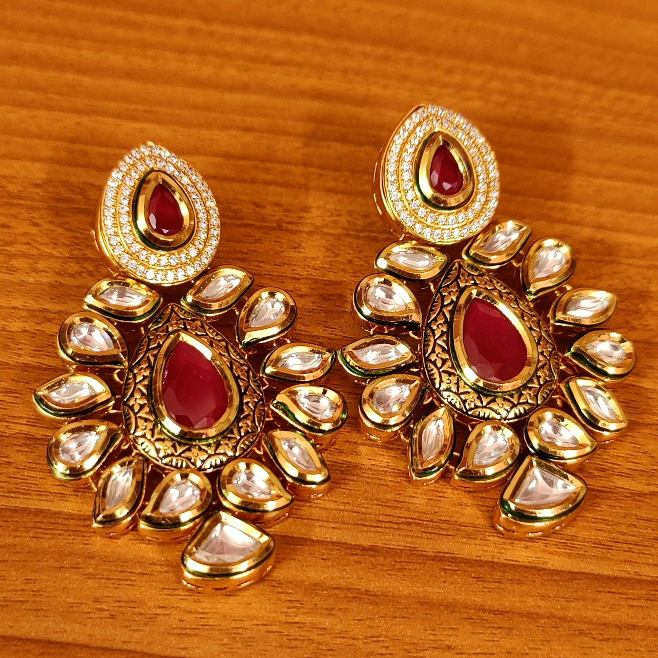 RUBY KUNDAN MEENAKARI CZ STUDDED DANGLERS