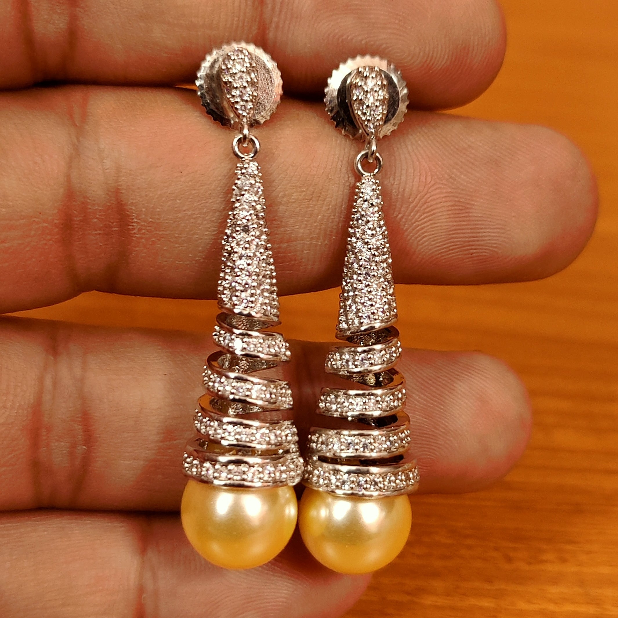 AMERICAN DIAMOND GOLD PLATED SPIRAL PEARL DANGLERS