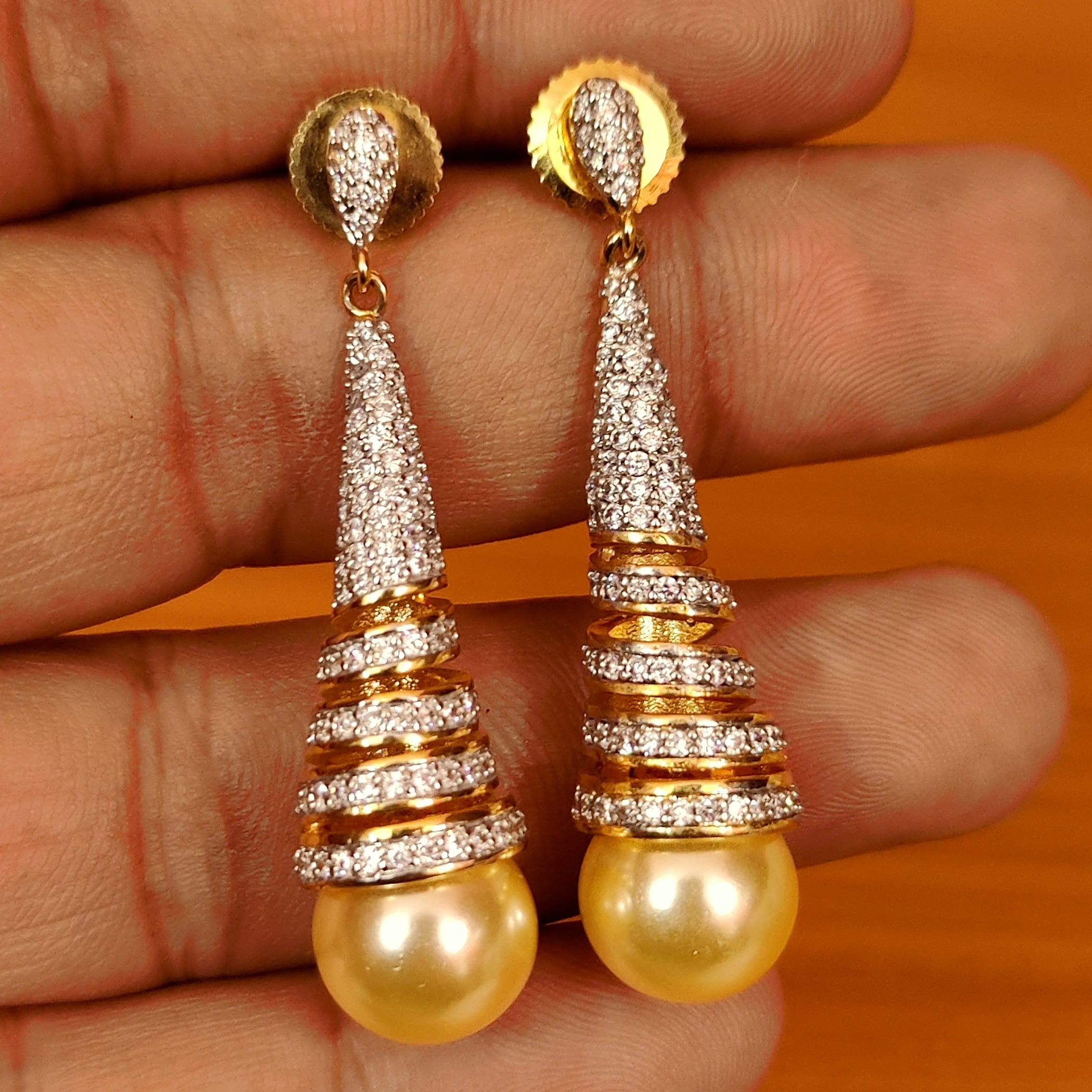 AMERICAN DIAMOND GOLD PLATED SPIRAL PEARL DANGLERS