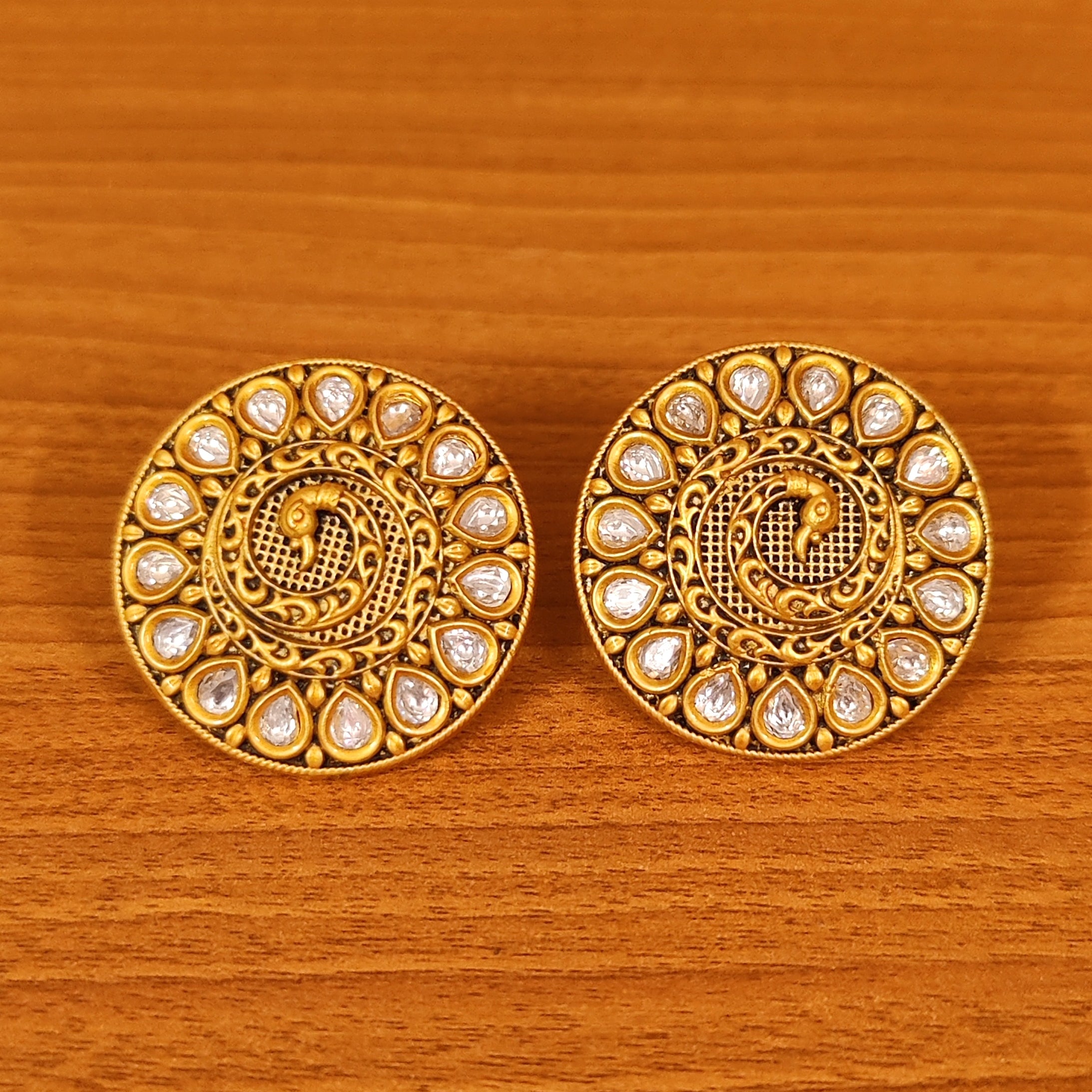 MATT GOLD LOOK KUNDAN & RUBY PEACOCK BIG STUDS