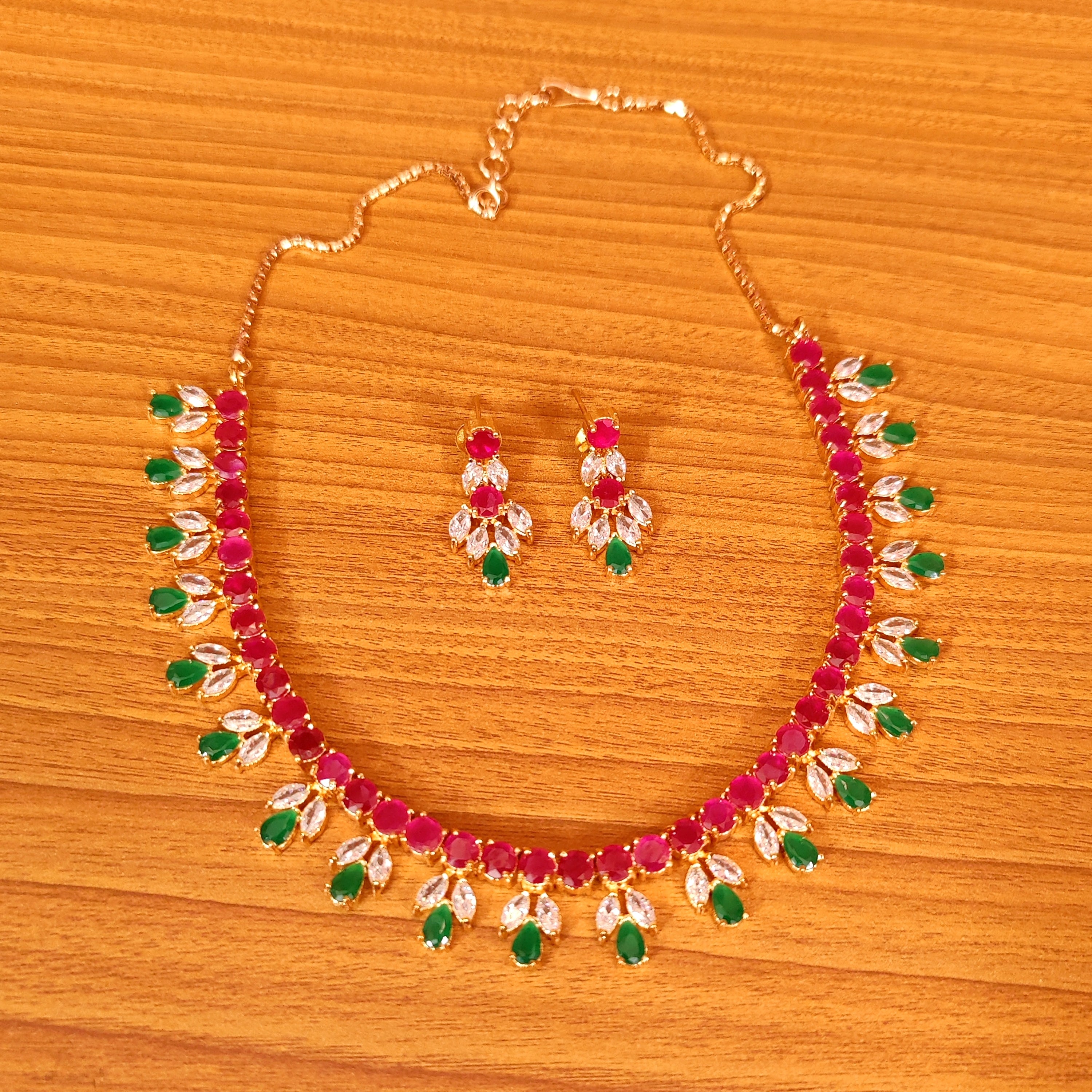 RUBY COLOUR CZ STUDDED GOLD LOOK NECKLACE SET