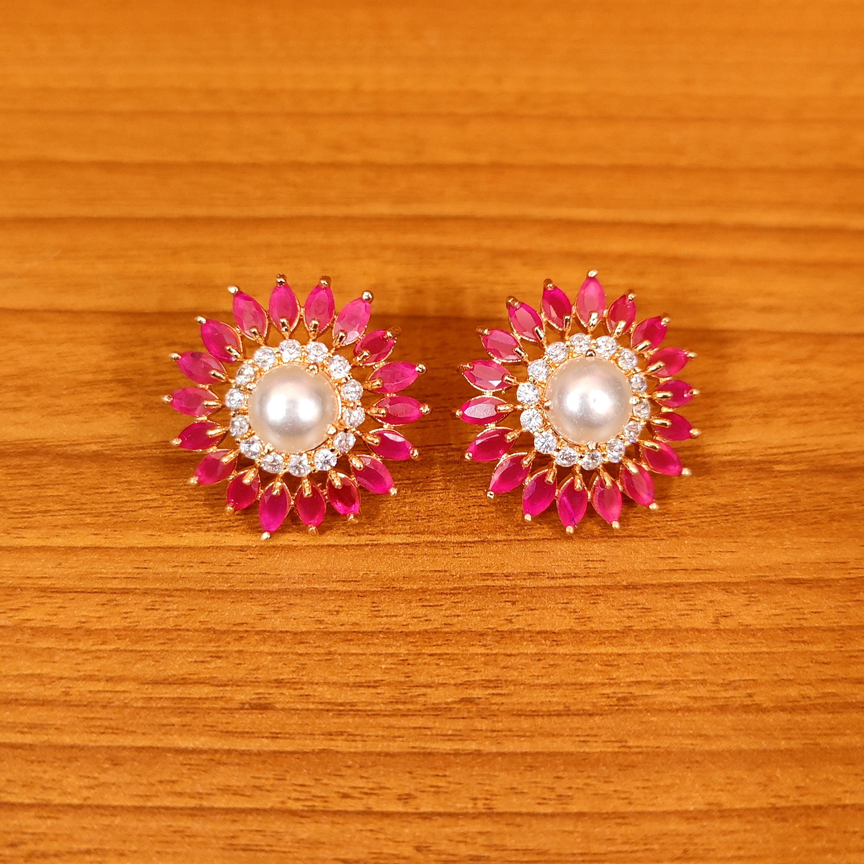 BLUE SAPPHIRE CZ STUDDED PEARL EARRINGS