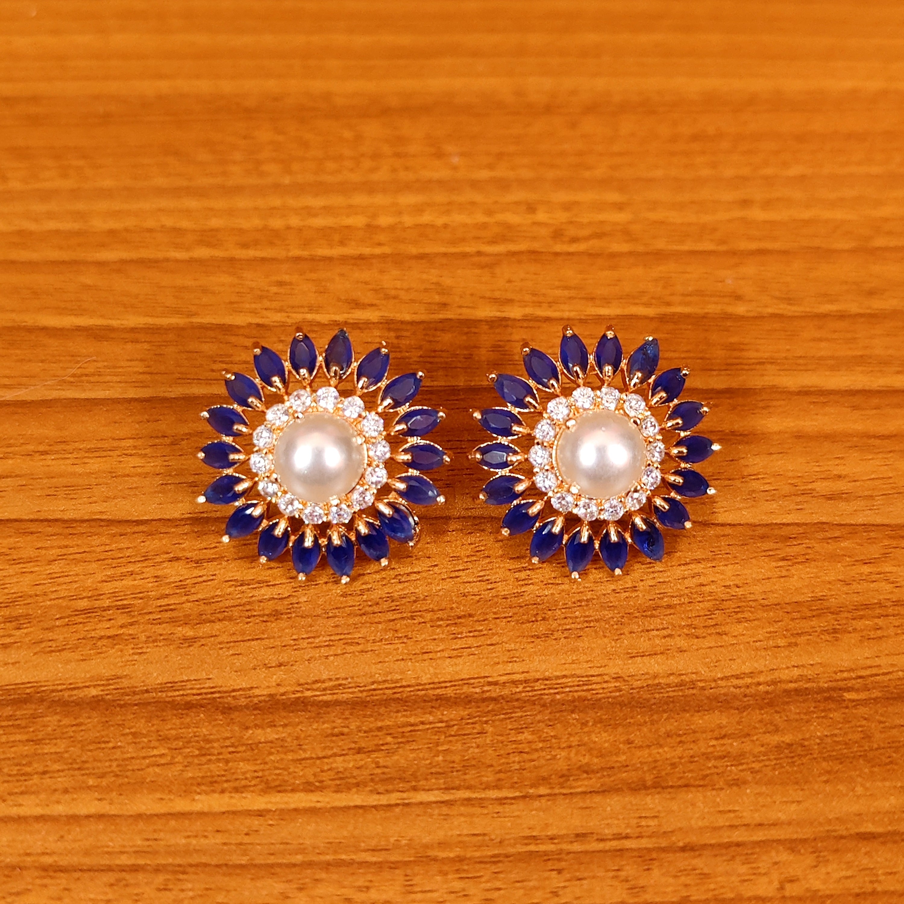 BLUE SAPPHIRE CZ STUDDED PEARL EARRINGS