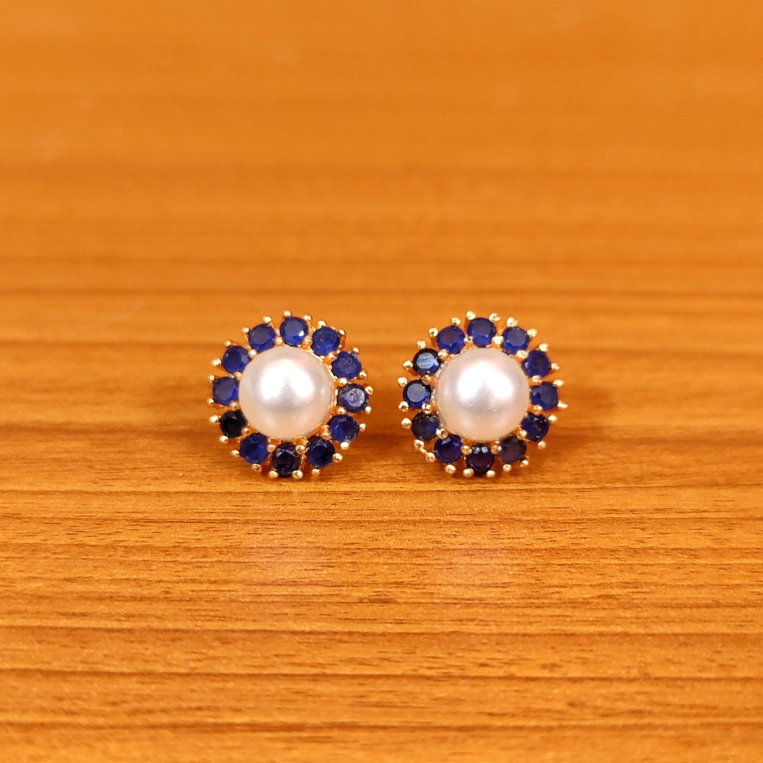 BLUE SAPPHIRE PEARL & AMERICAN DIAMOND STUDS