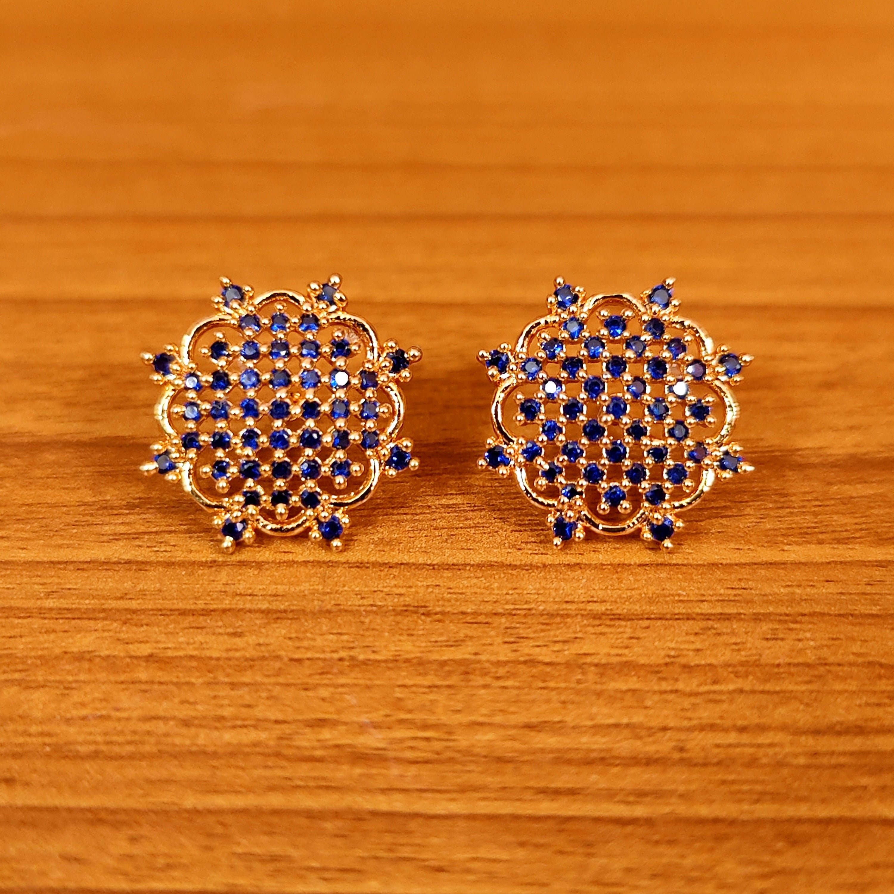 BLUE SAPPHIRE CZ STUDDED GOLD LOOK EARRINGS