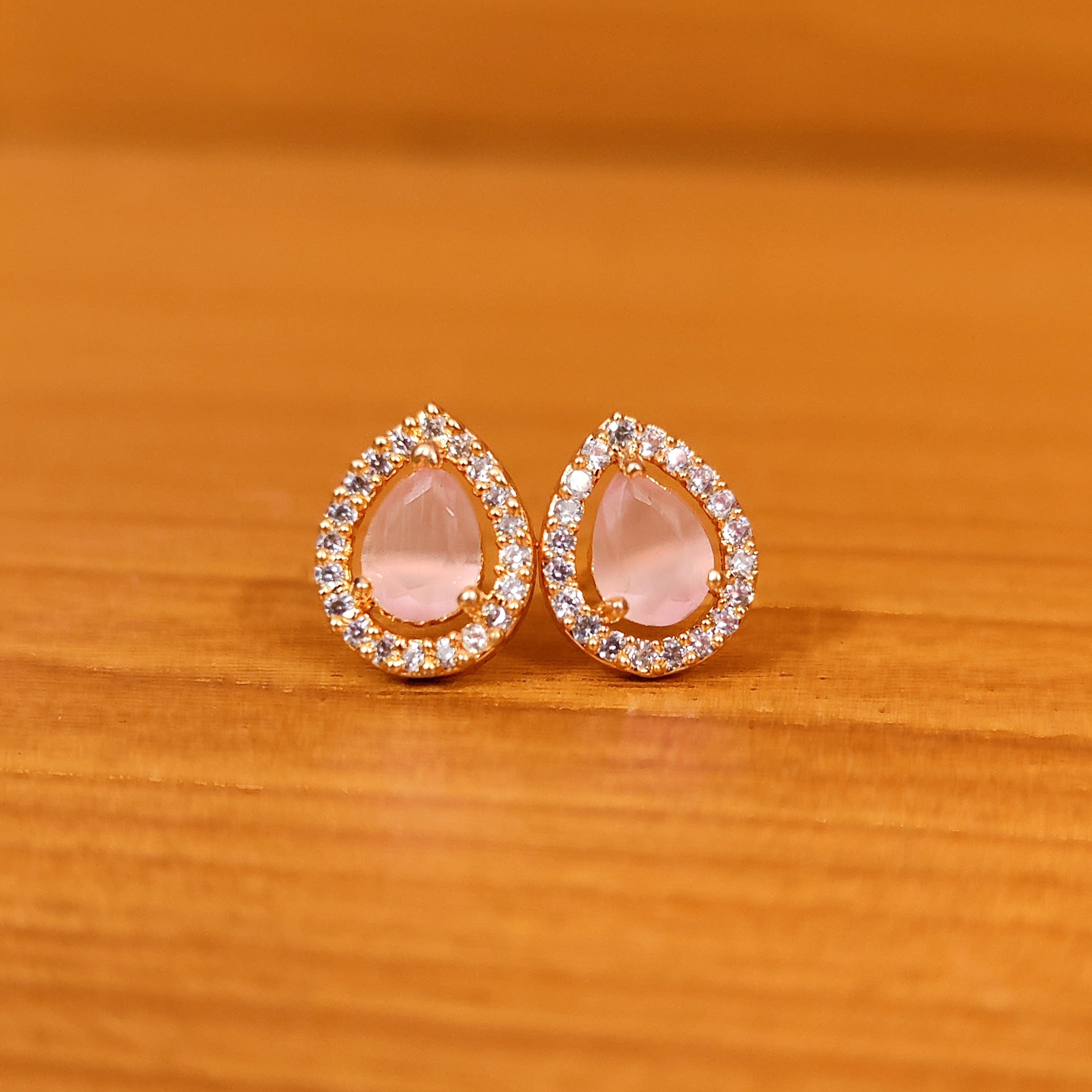 PINK QUARTZ PEAR SHAPED CZ STUDDED EARRINGS