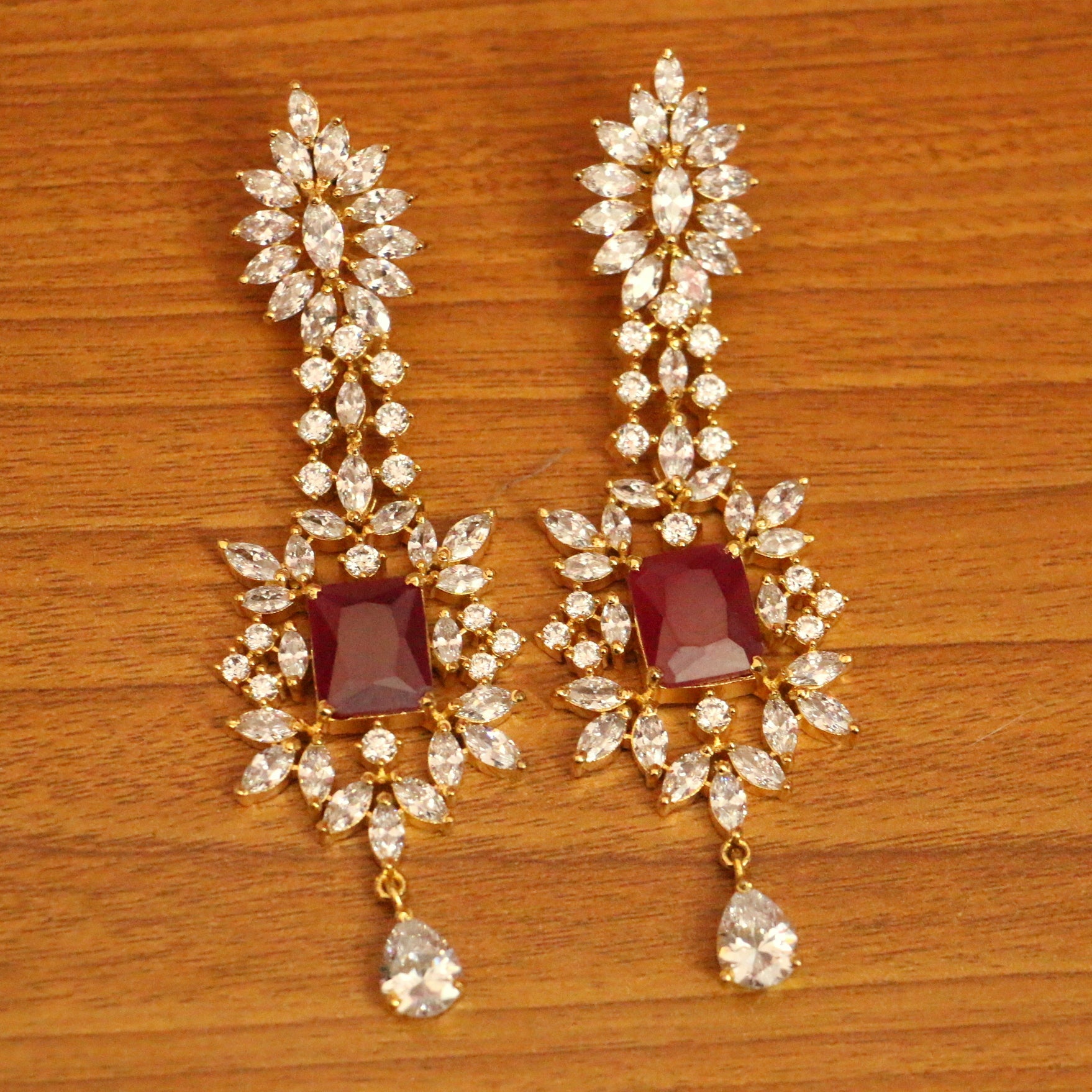 DIAMOND LOOK RUBY GOLD PLATE DANGLERS