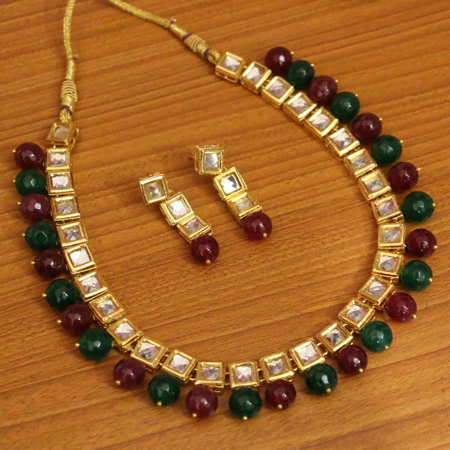 Multicolour Kundan Square Shaped Single Line Necklace Set
