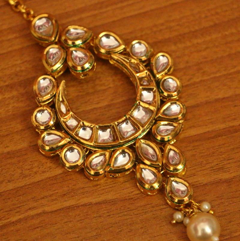Kundan Meenakari Pearl Bridal Maang Tikka | Gold-Plated Enamel Head Jewellery