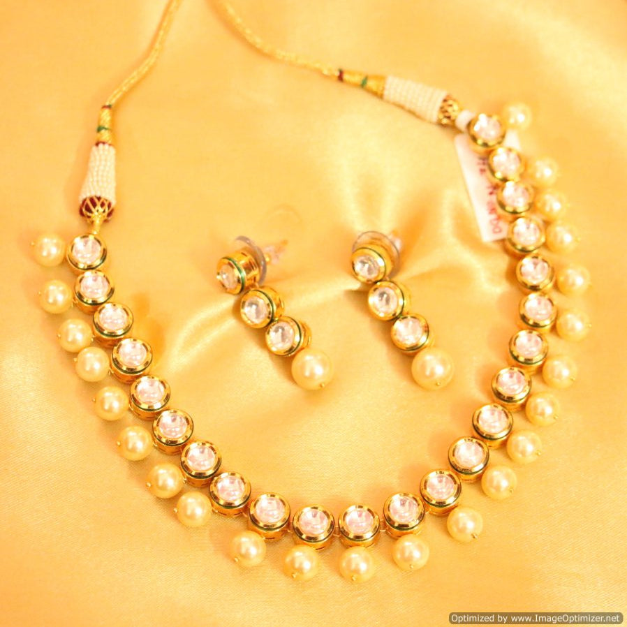 KUNDAN POLKI GREY SHELL PEARL SINGLE LINE NECKLACE SET
