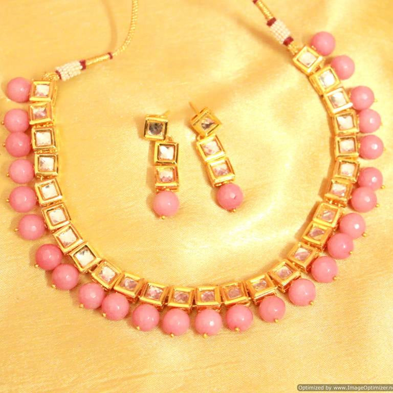 Multicolour Kundan Square Shaped Single Line Necklace Set