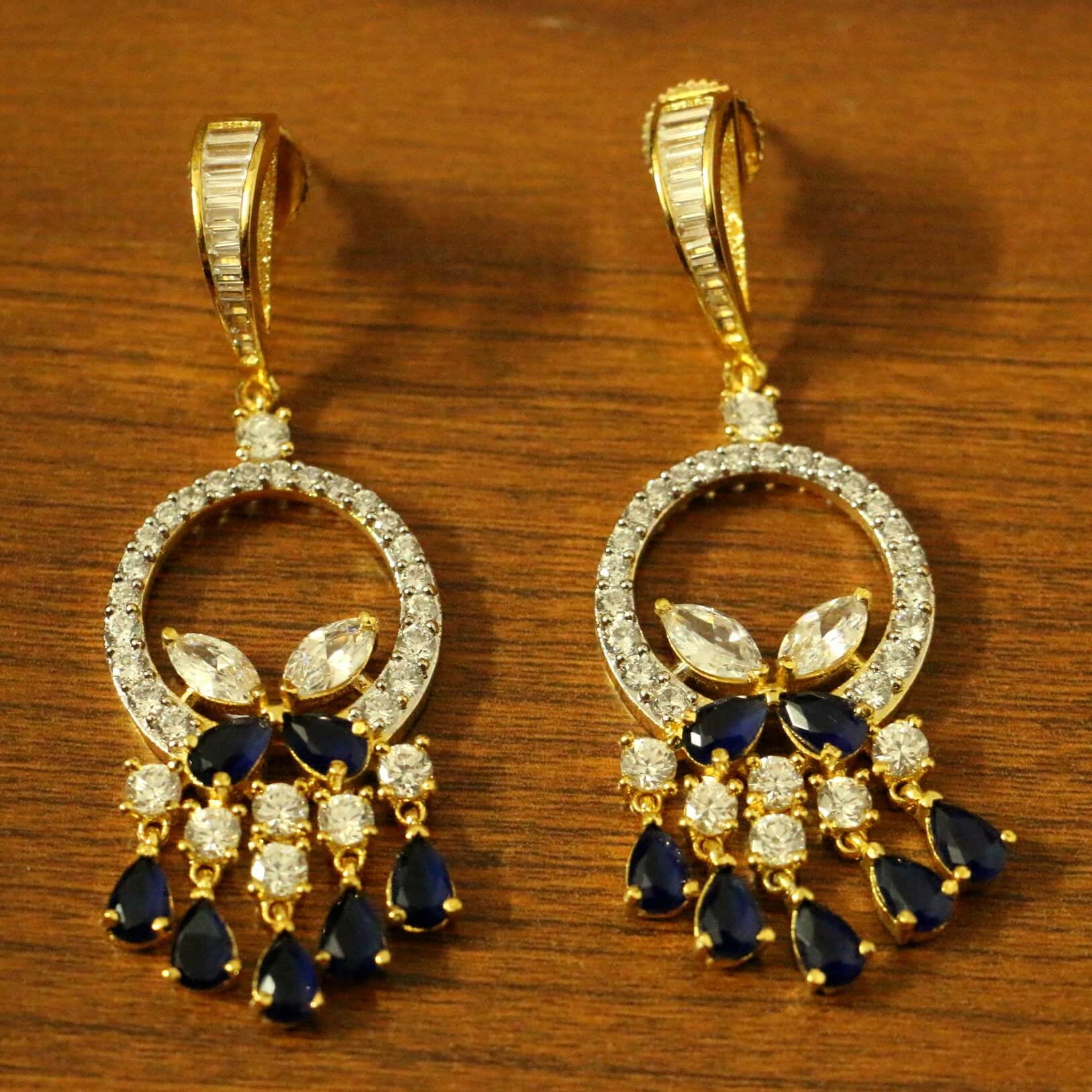 Blue Sapphire Diamond Look Gold Plated Earrings