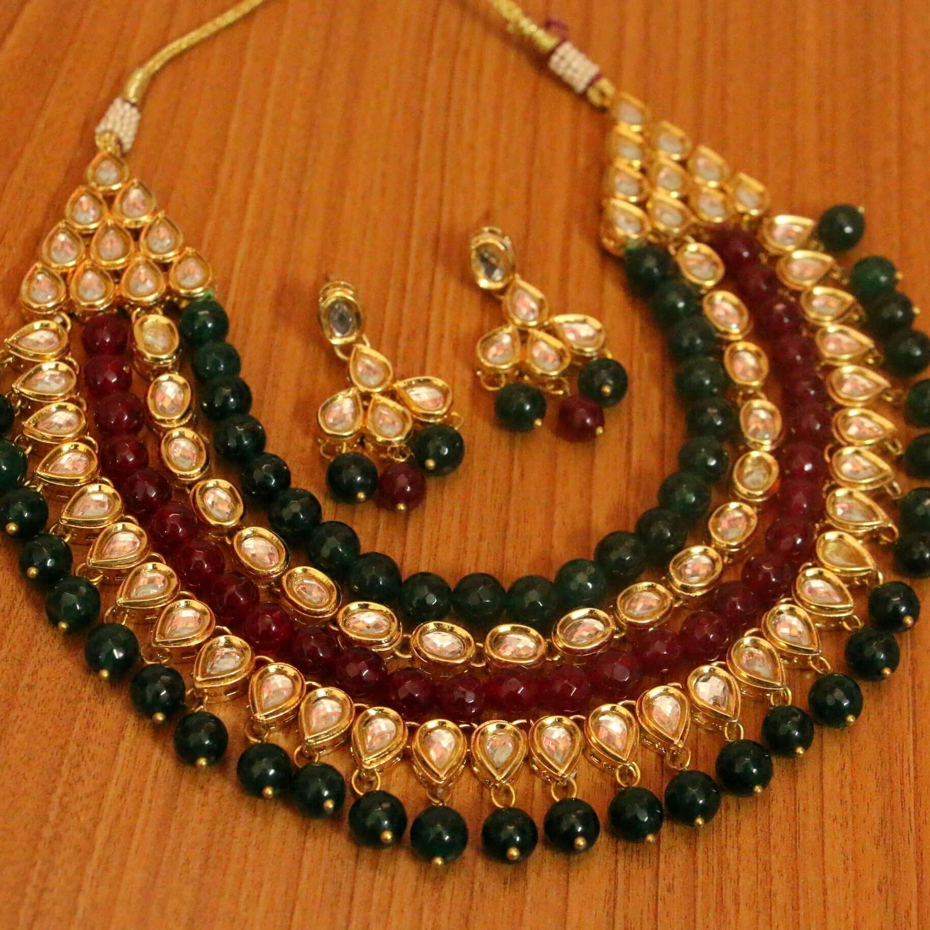 PINK & GREY ONYX KUNDAN MEENAKARI NECKLACE SET
