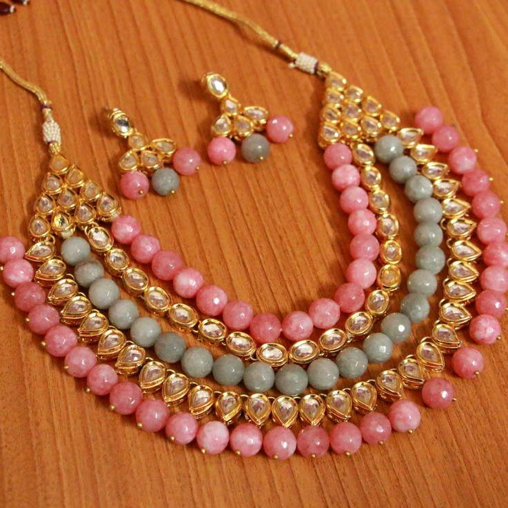 PINK & GREY ONYX KUNDAN MEENAKARI NECKLACE SET