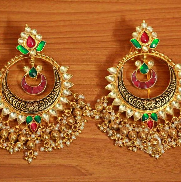 Kundan chandbali earrings with pearl drops – traditional gold plated bridal wedding jewellery with red and green stones