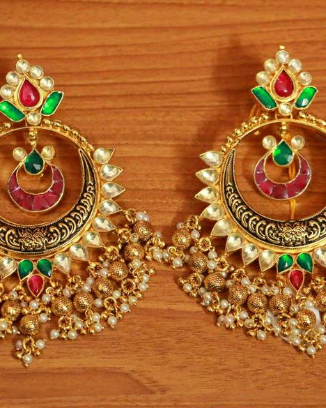 Kundan chandbali earrings with pearl drops – traditional gold plated bridal wedding jewellery with red and green stones