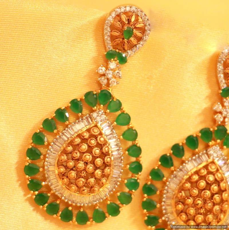 Green Onyx American Diamond Earrings Pair – 6.8x3.5cm Heritage Danglers – Sanvi Jewels