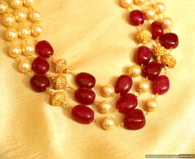 Semi precious ruby and pearl gold beads necklace