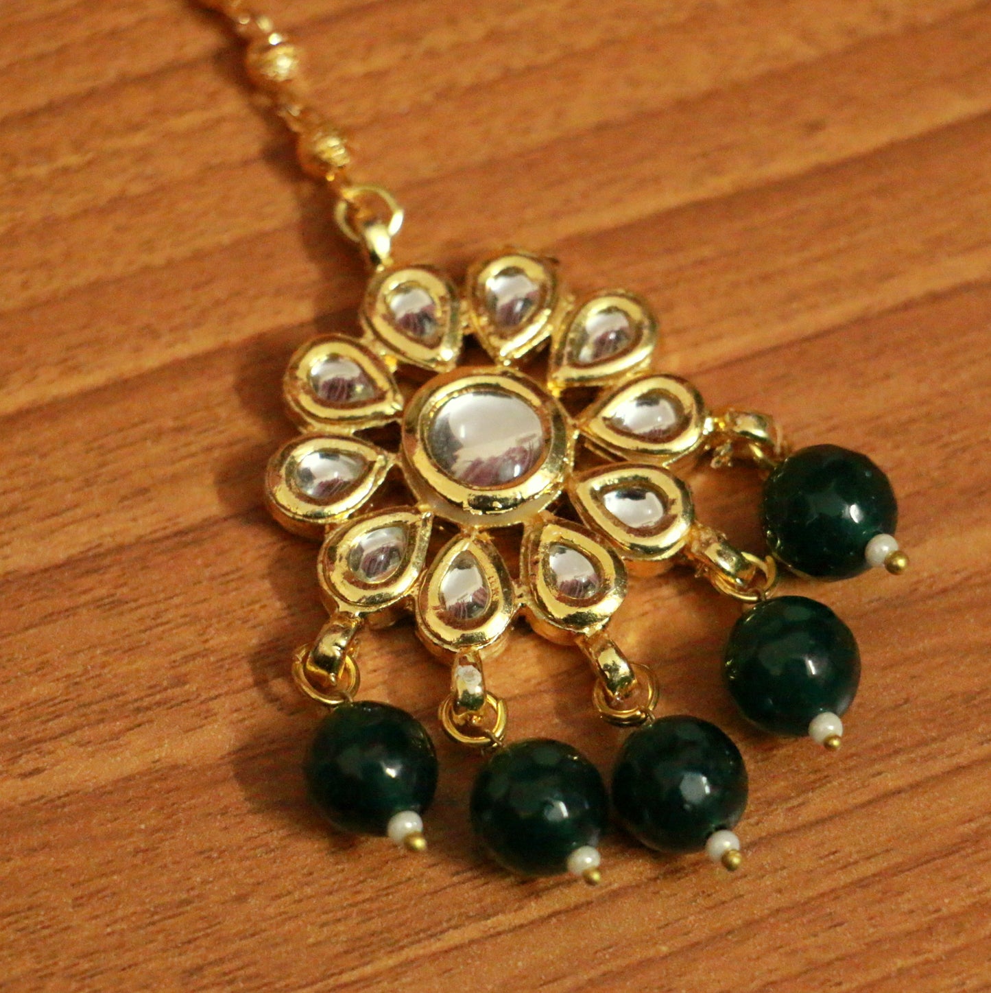 Green Kundan Meenakari Gold Maang Tikka | Gold-Plated Emerald Bridal Head Jewellery
